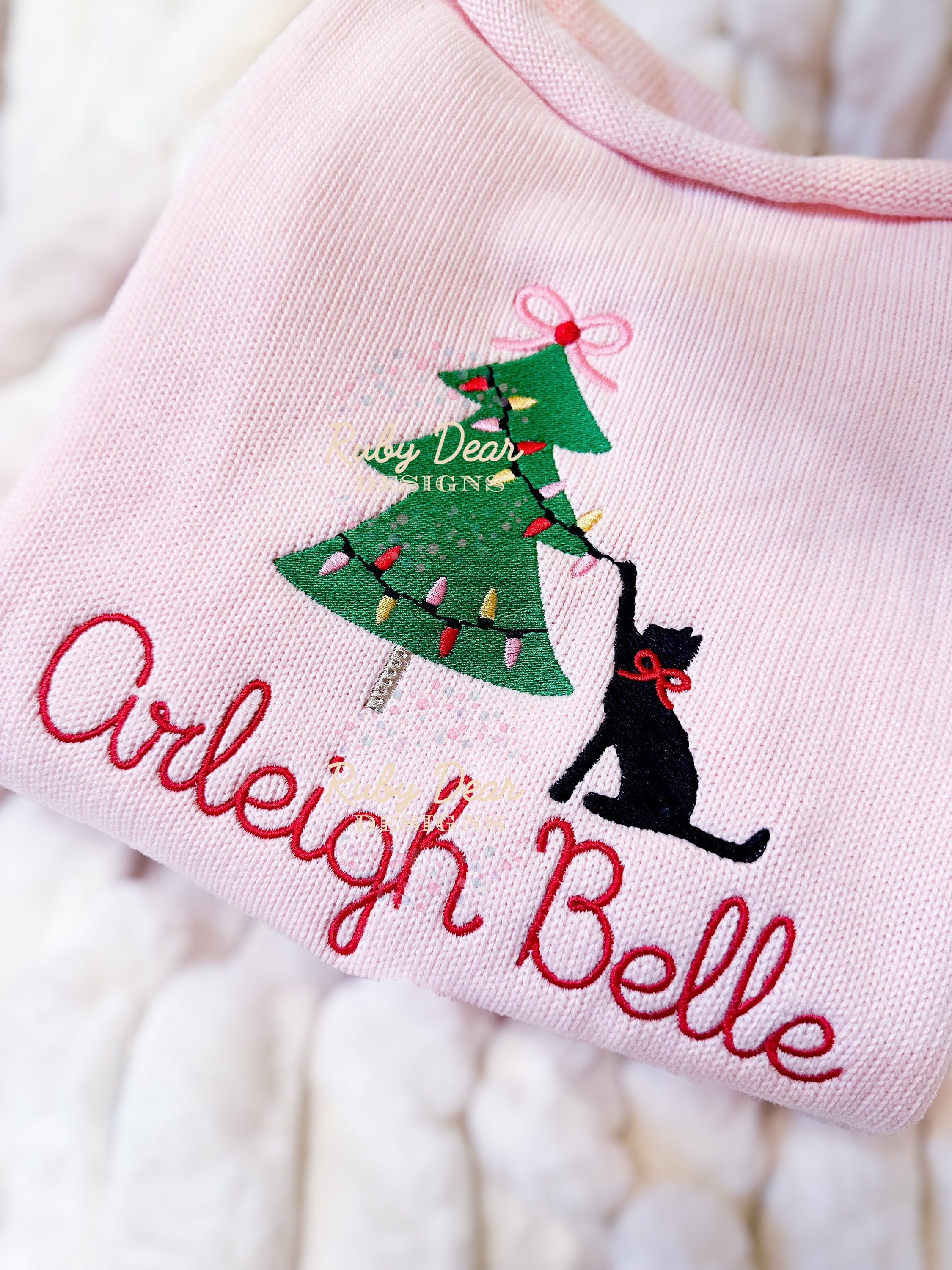 Christmas Cat Pulling Lights on Christmas Tree Fill Stitch Machine Embroidery Design