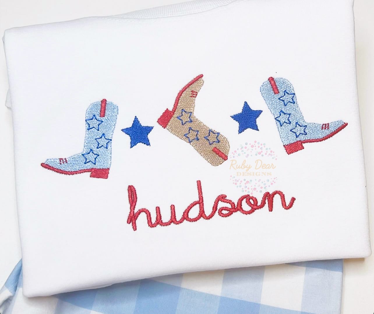 Patriotic Cowboy Boots and Stars Row Fill and Satin Stitch Machine Embroidery Design