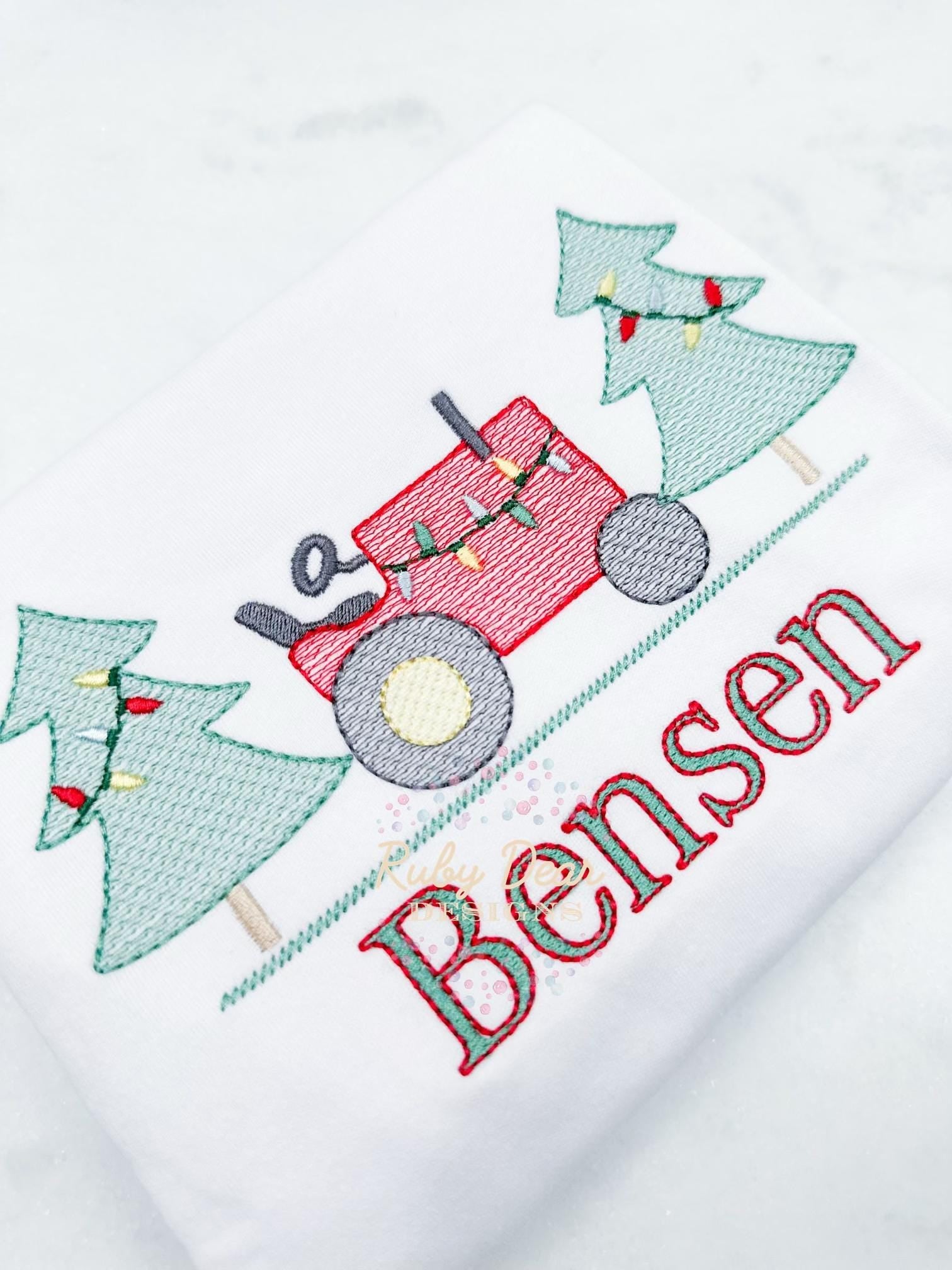 Christmas Tractor Tree Farm Sketch Machine Embroidery Design