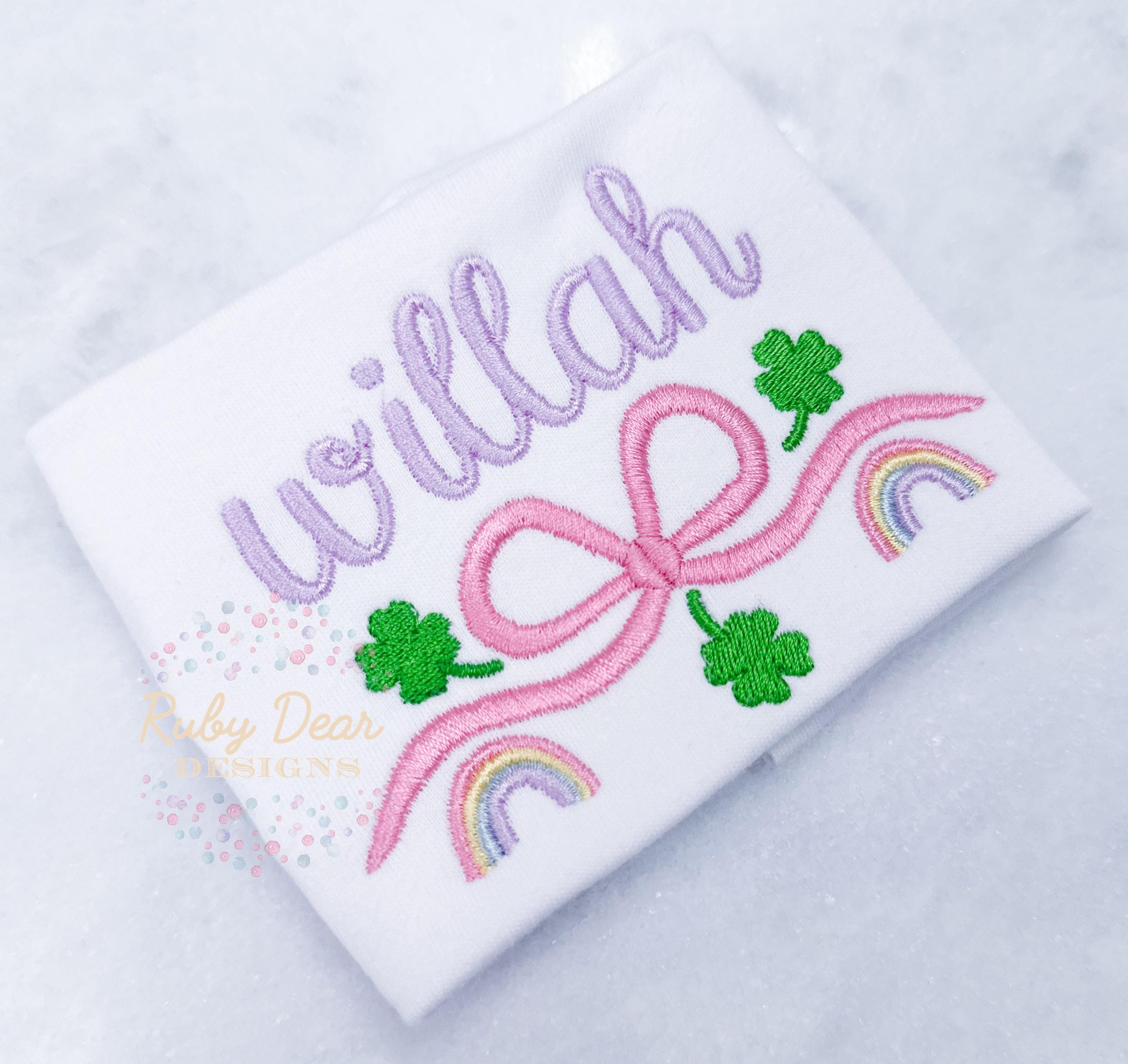 St Patrick's Bow Rainbow and Clovers Frame Fill and Satin Stitch Machine Embroidery Design