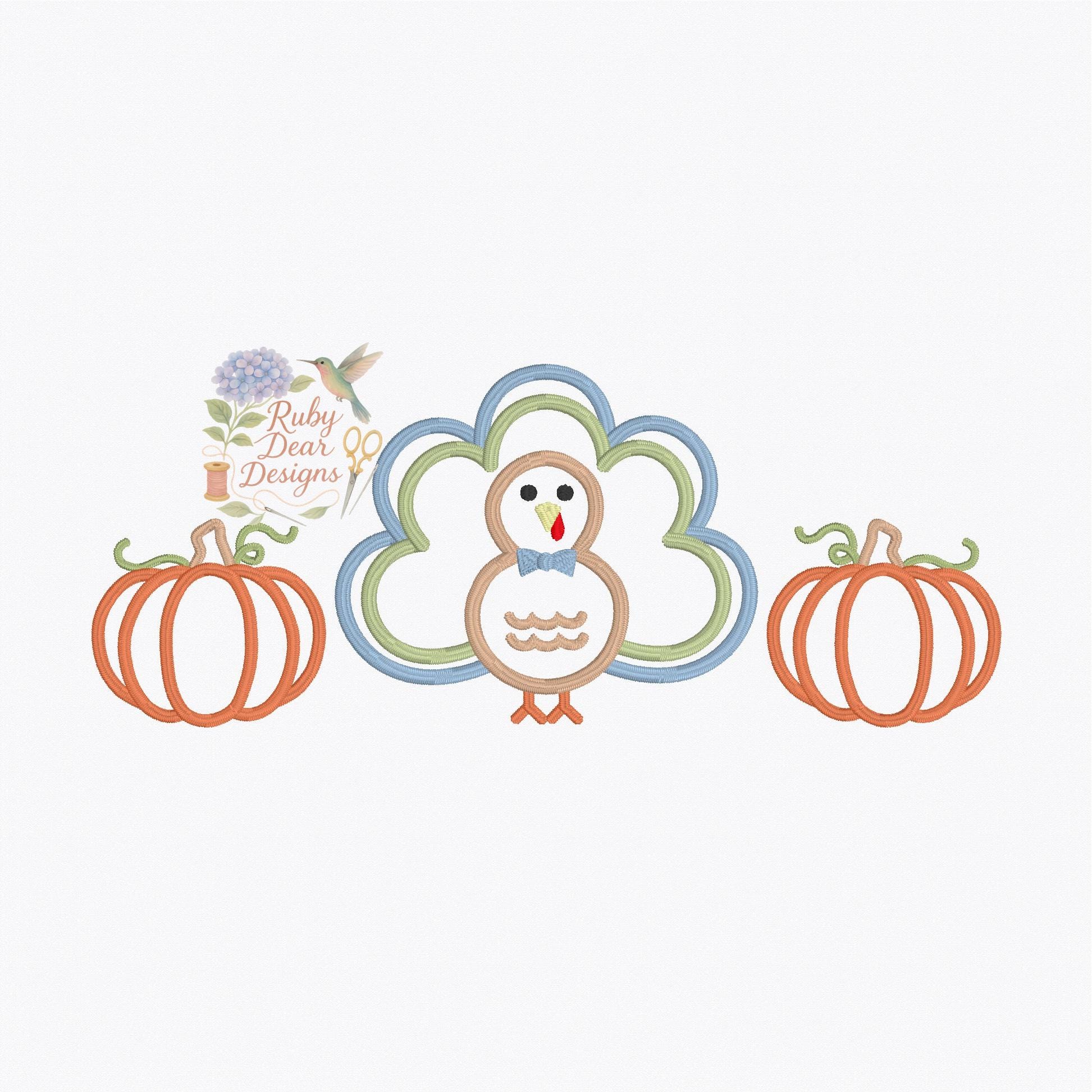Turkey Boy and Pumpkins Satin Outline Stitch Machine Embroidery Design