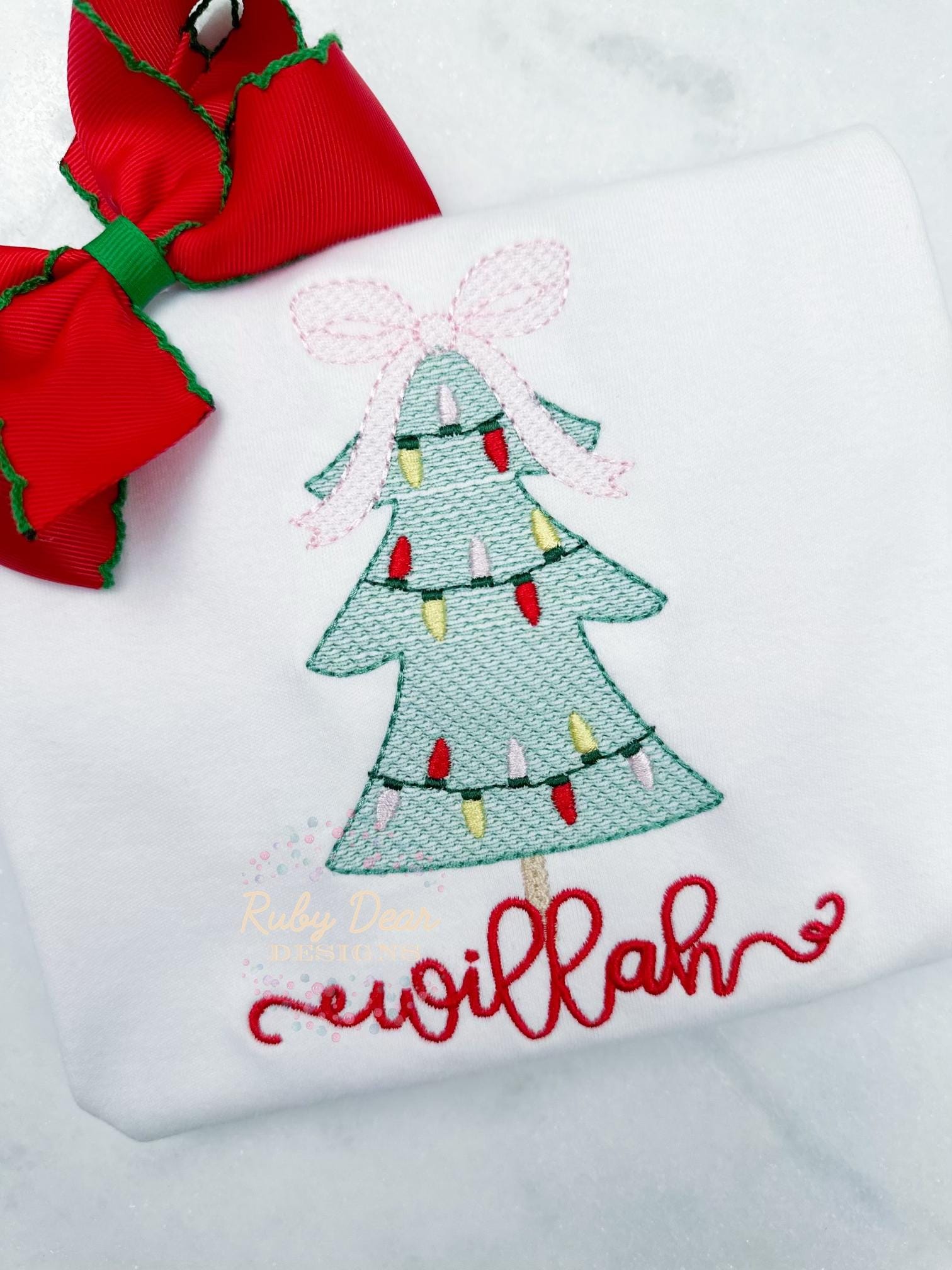 Christmas Tree with Lights Girl Sketch Machine Embroidery Design