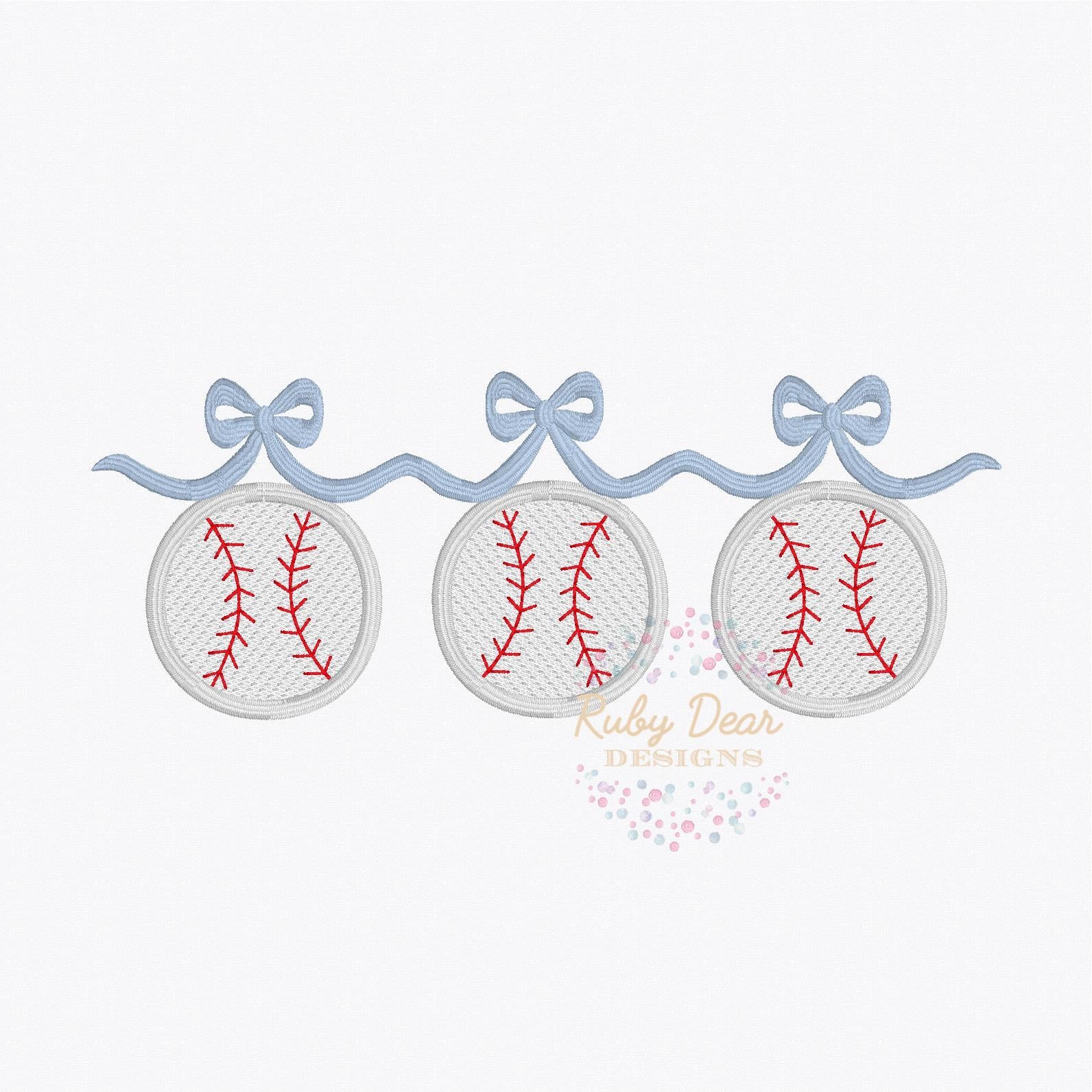 Baseball Trio with Bow Swag Sketch Fill with Satin Outline Machine Embroidery Design