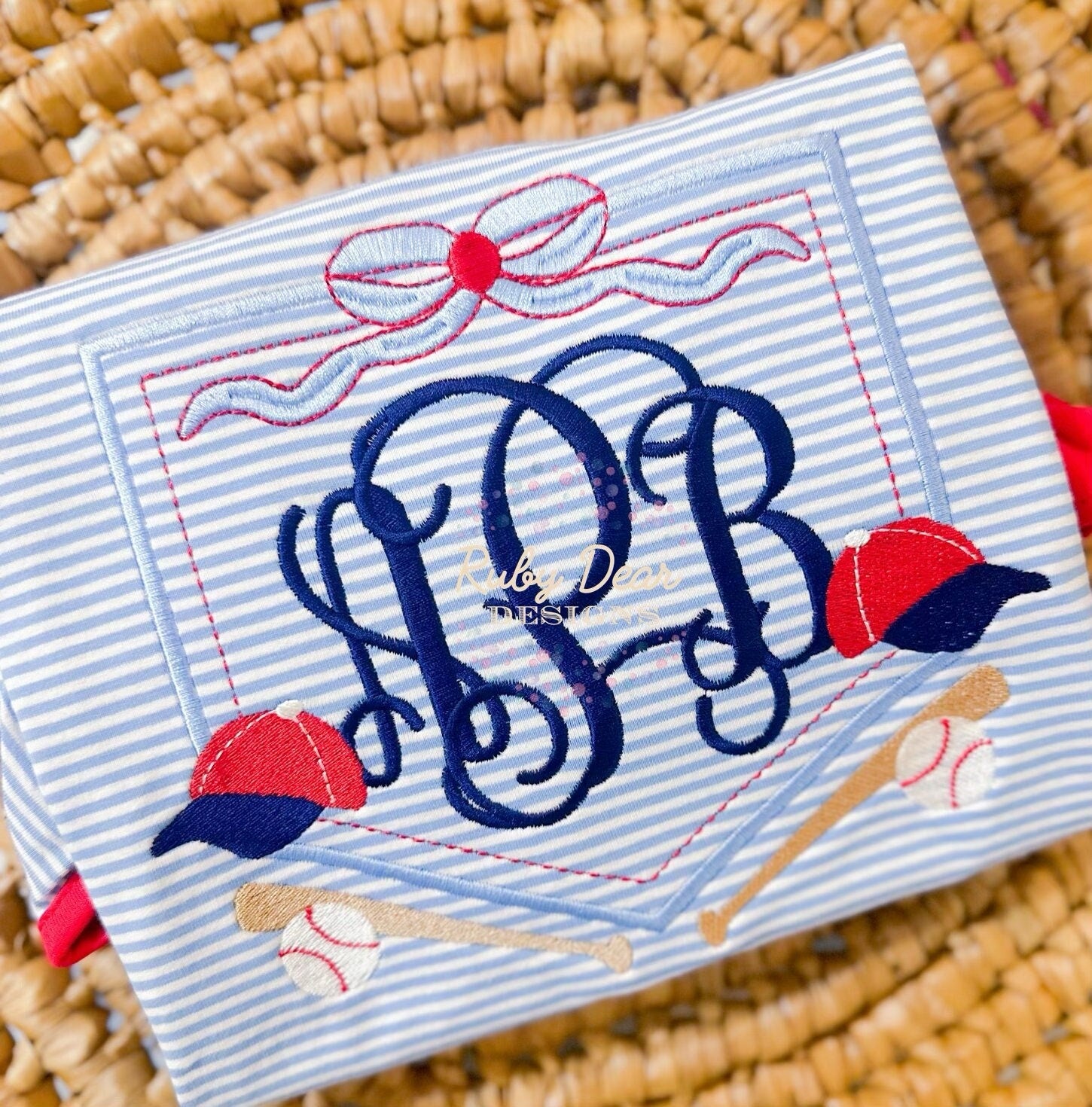 Baseball Gear Bow Crest Satin and Fill Stitch Machine Embroidery Design