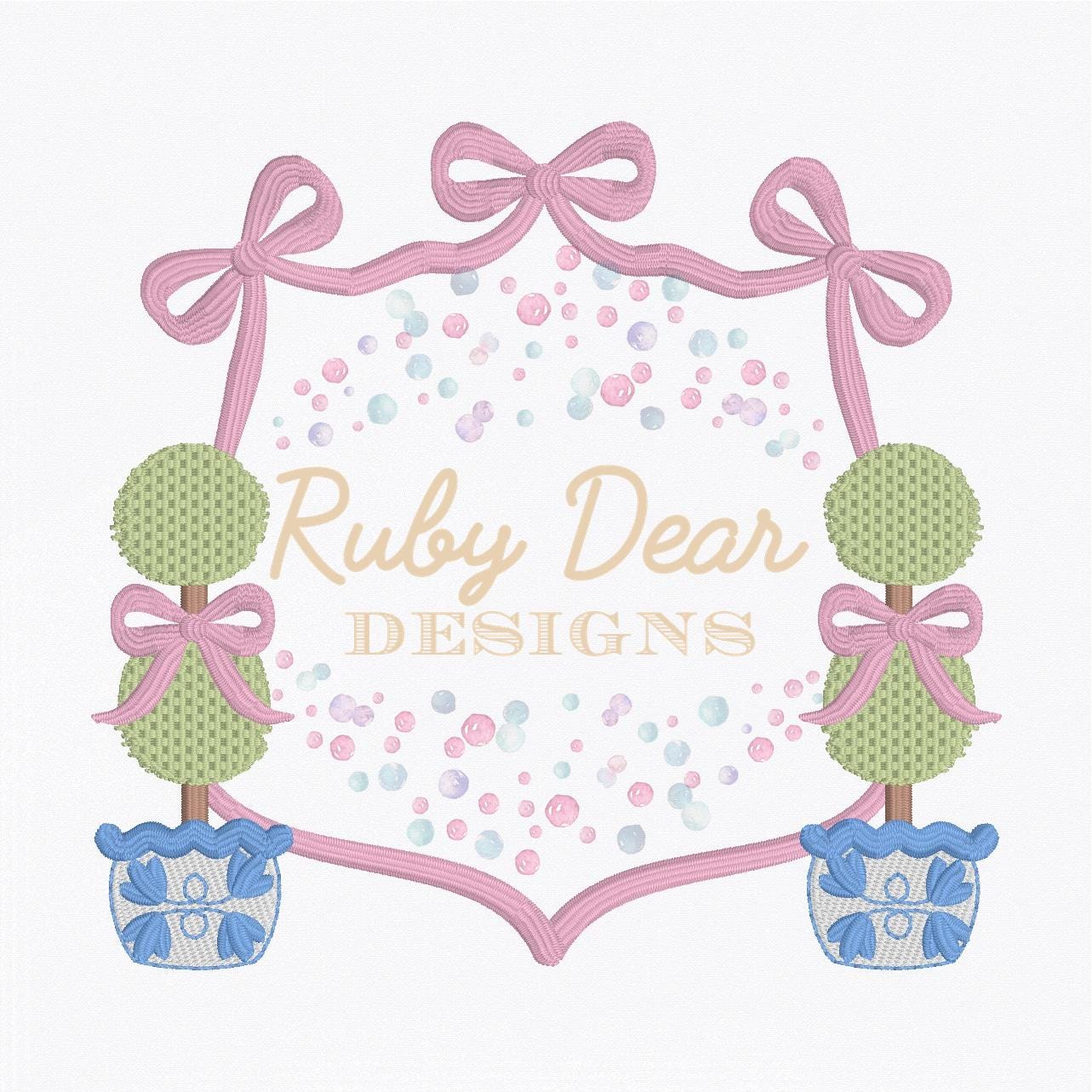 Bows and Chinoiserie Topiaries Classic Southern Grandmillineal Satin and Oil Stitch Machine Embroidery Design