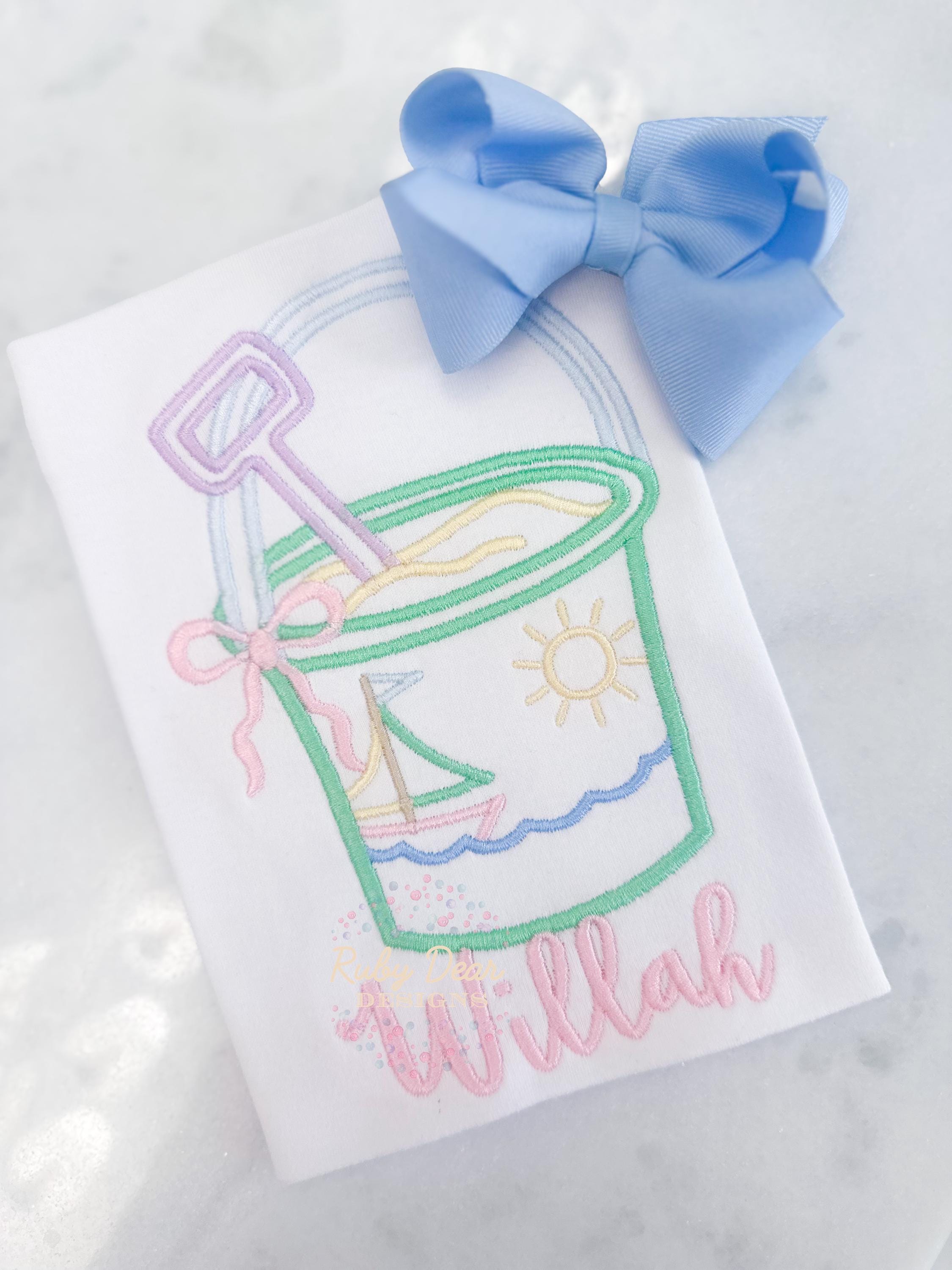 Beach Sand Bucket Girl Satin Outline Stitch Machine Embroidery Design