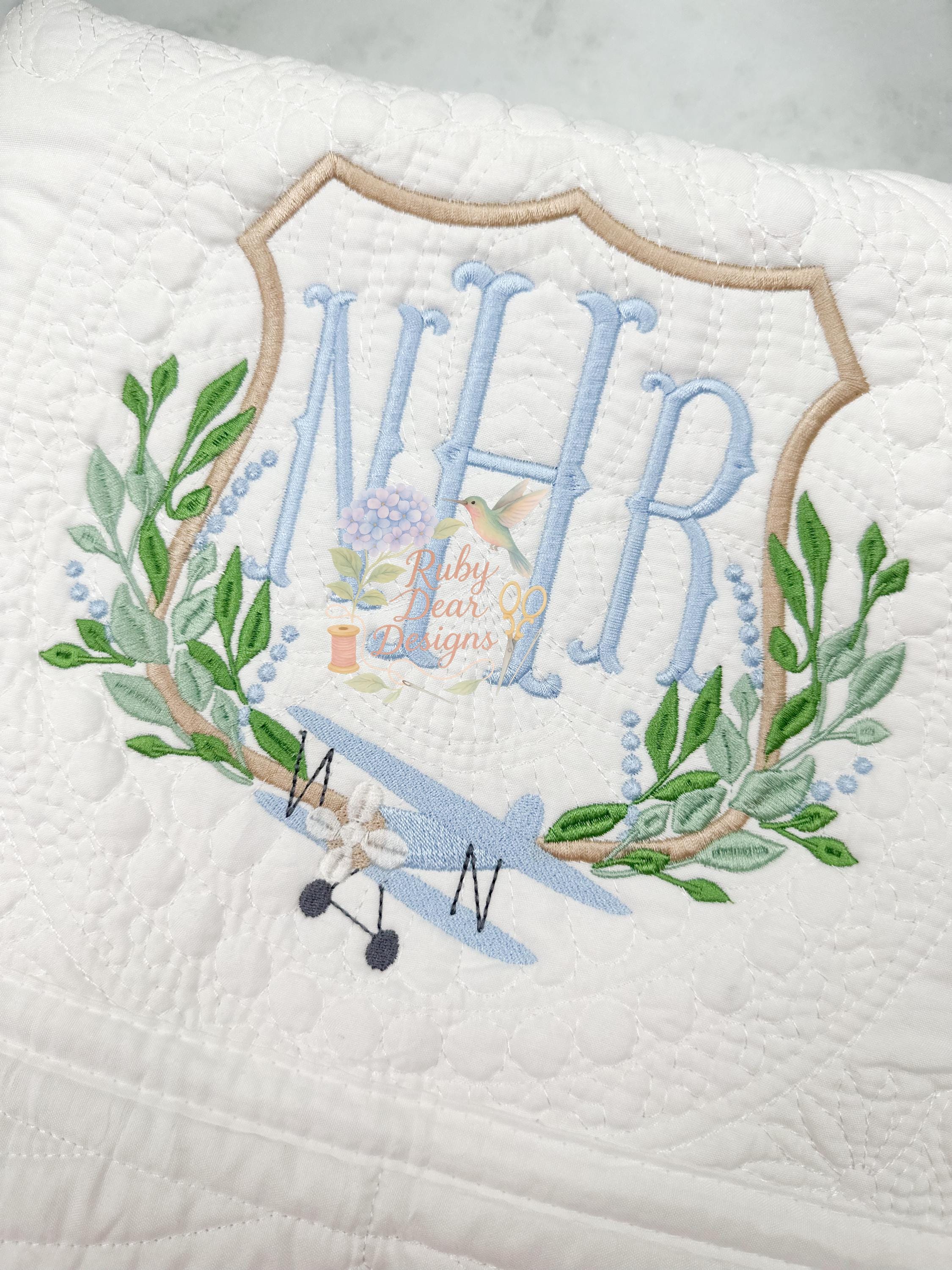 Airplane Greenery Crest Vintage Style Fill and Satin Stitch Machine Embroidery Design