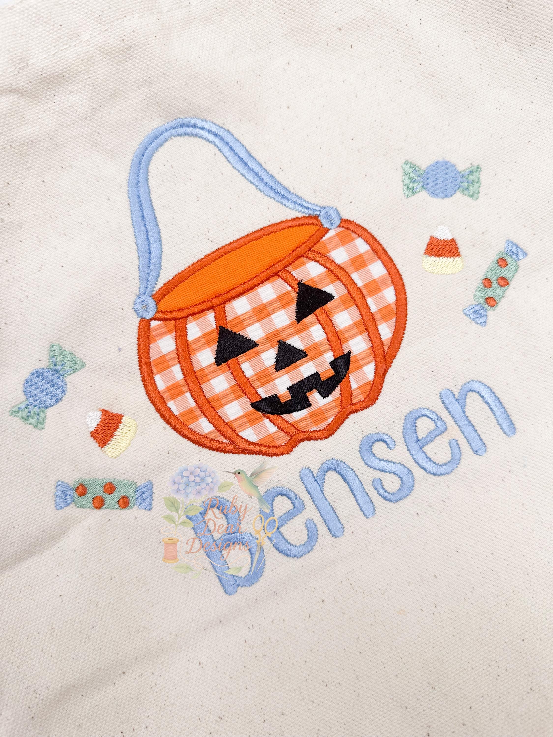Jack O Lantern Ribbon Handle Boy Satin Appliqué with Mini Candies Stitch Machine Embroidery Design
