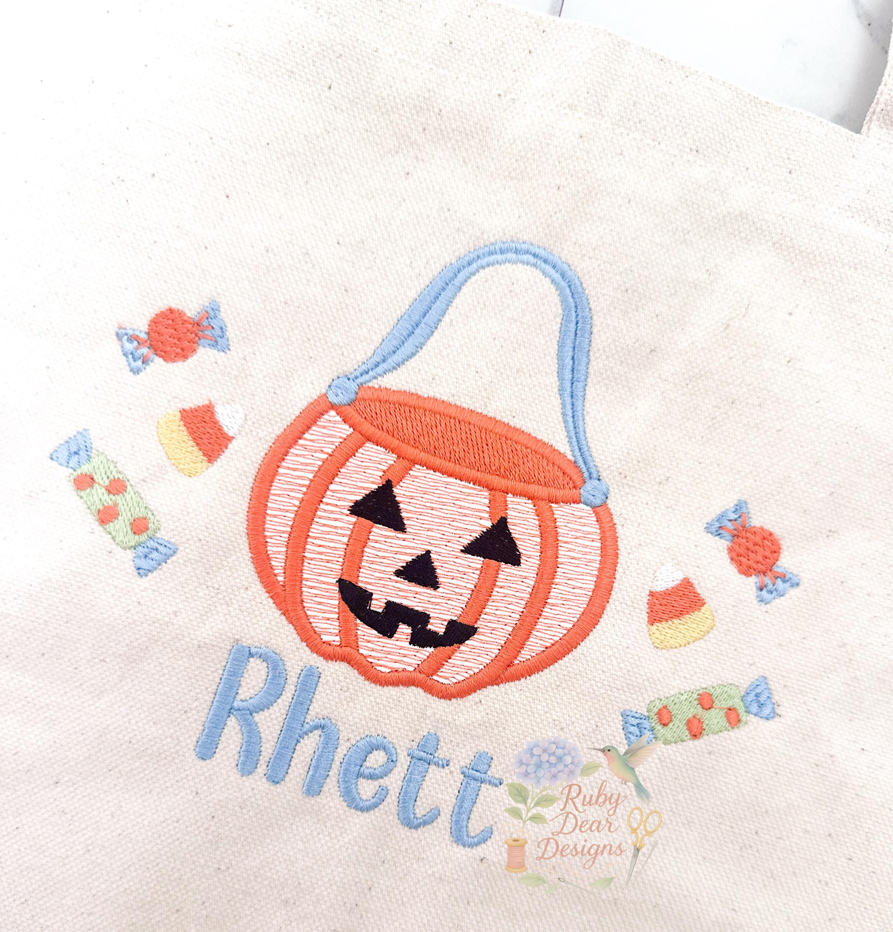Jack O Lantern Ribbon Handle Boy Sketch with Satin Stitch Machine Embroidery Design