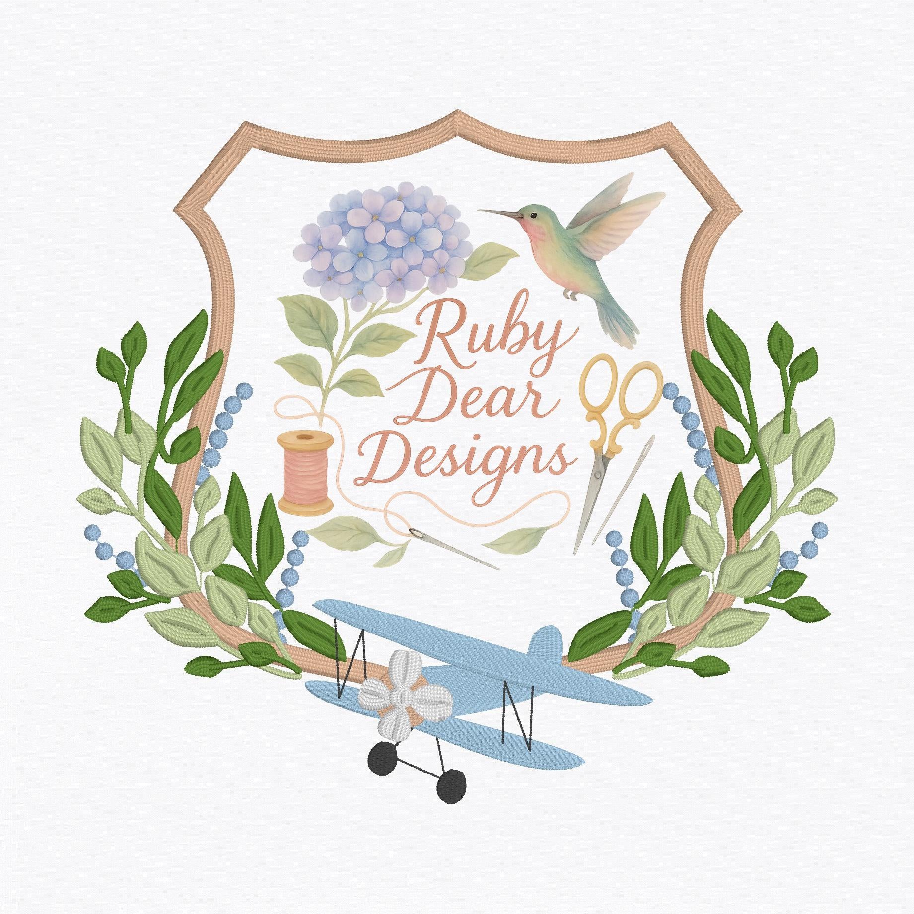 Airplane Greenery Crest Vintage Style Fill and Satin Stitch Machine Embroidery Design