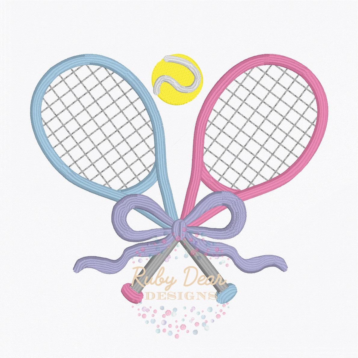 Tennis Rackets Double with Bow Mini Satin Fill and Bean Stitch Machine Embroidery Design
