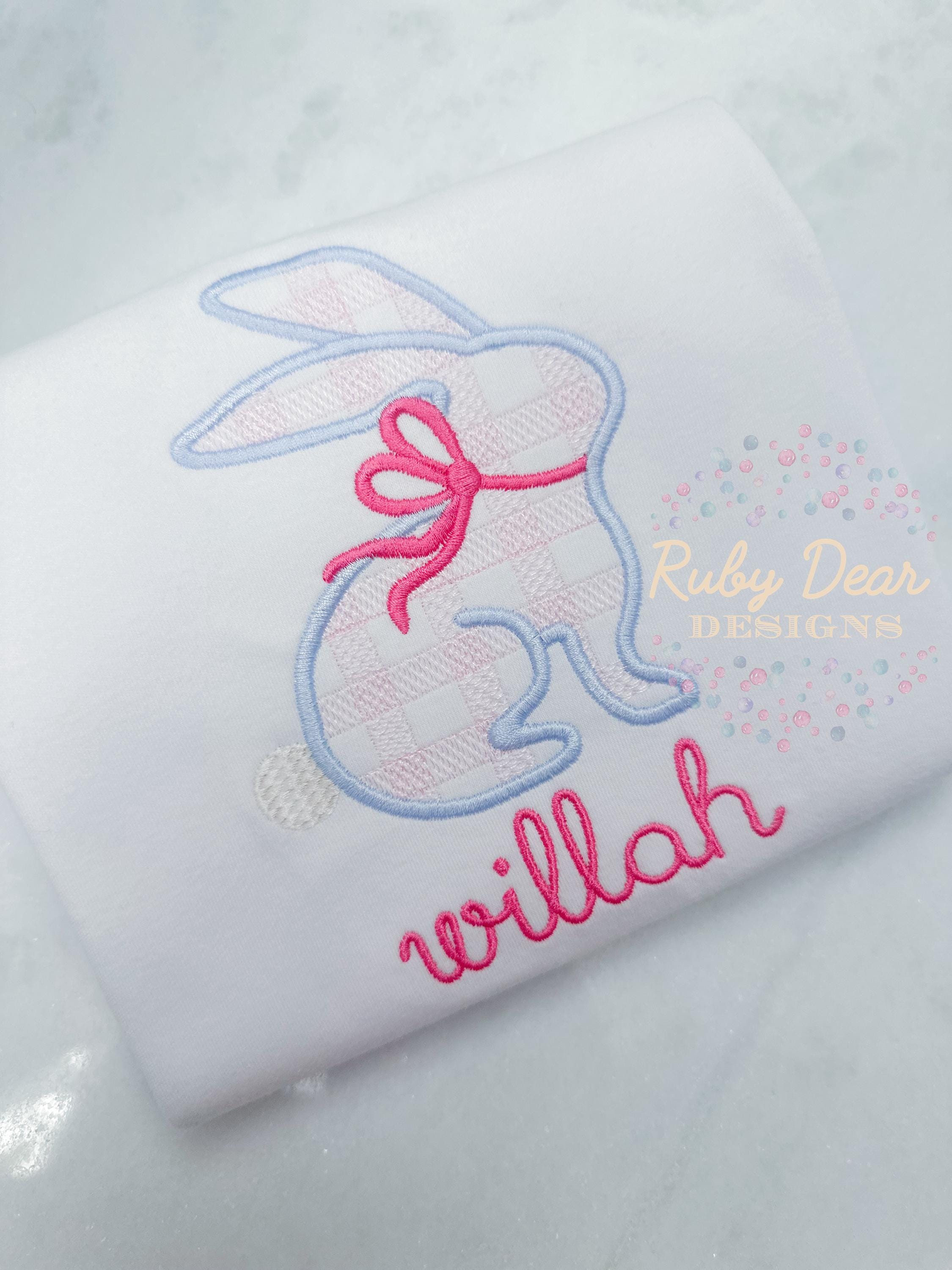 Bunny Girl with Bow Gingham Sketch with Satin Outline Machine Embroidery Design