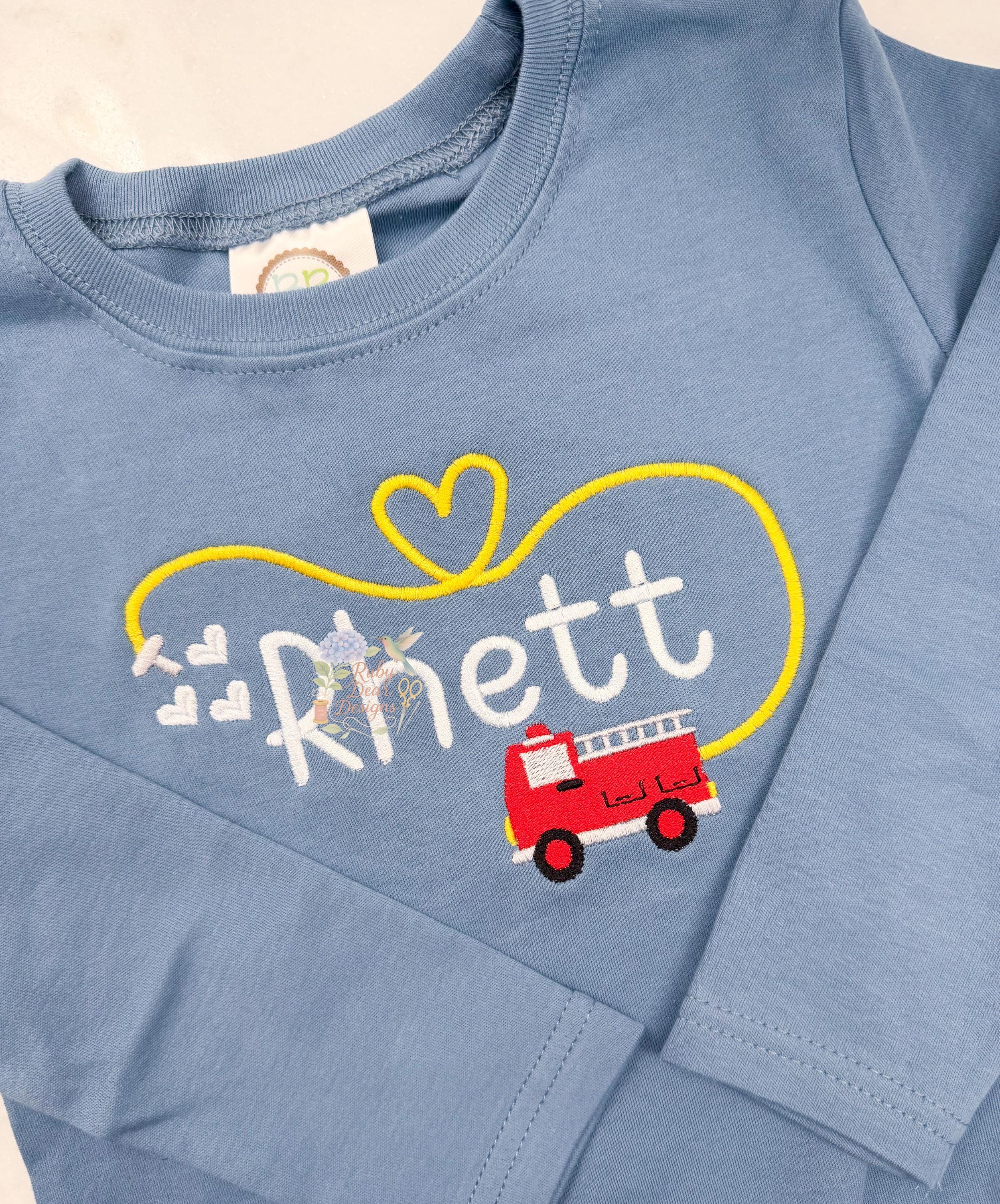 Valentine's Day Firetruck and Hose Firefighter Satin and Fill Stitch Machine Embroidery Design