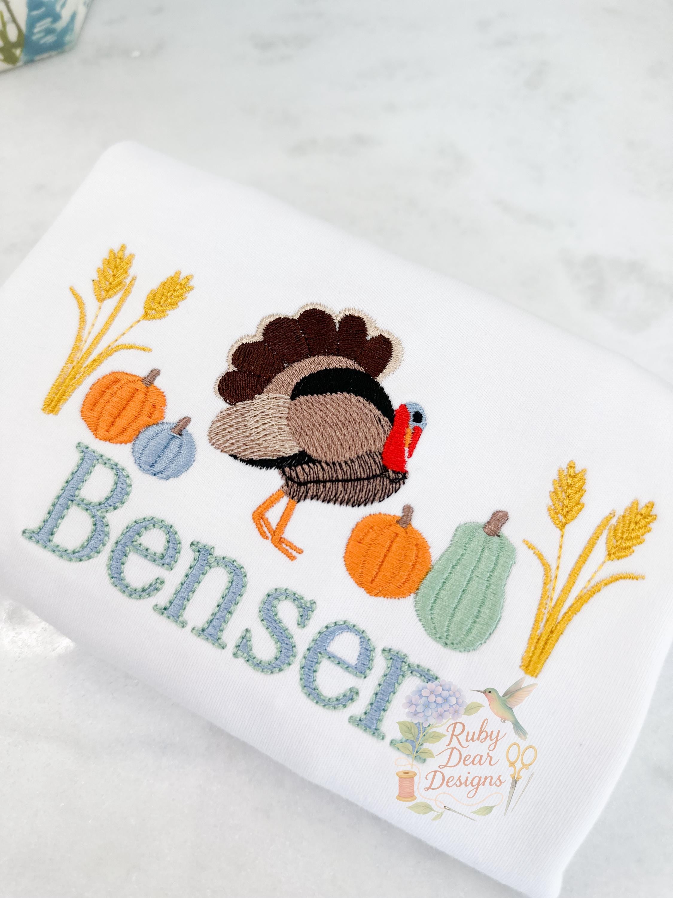 Turkey Wild Fall Thanksgiving with Wheat and Pumpkins Fill and Satin Stitch Machine Embroidery Design