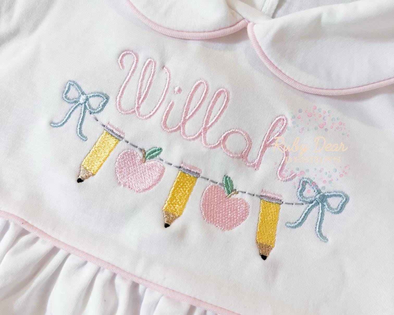 Apples and Pencils Bow Swag *Small Sizes* Satin and Fill Stitch Machine Embroidery Design