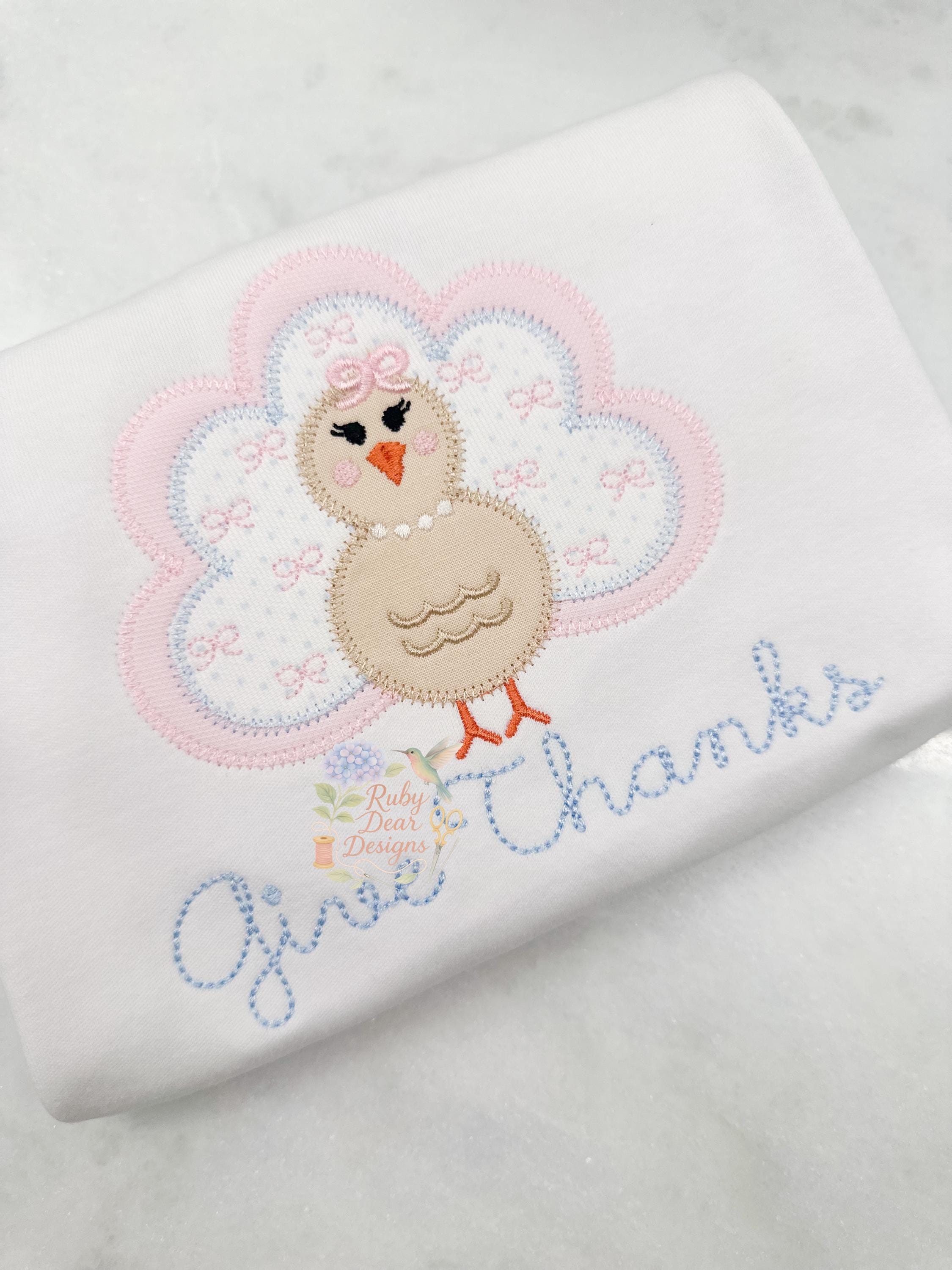 Turkey Girl with Pearls and Mini Bean Stitch Bows Zig Zag Appliqué Stitch Thanksgiving Fall Machine Embroidery Design