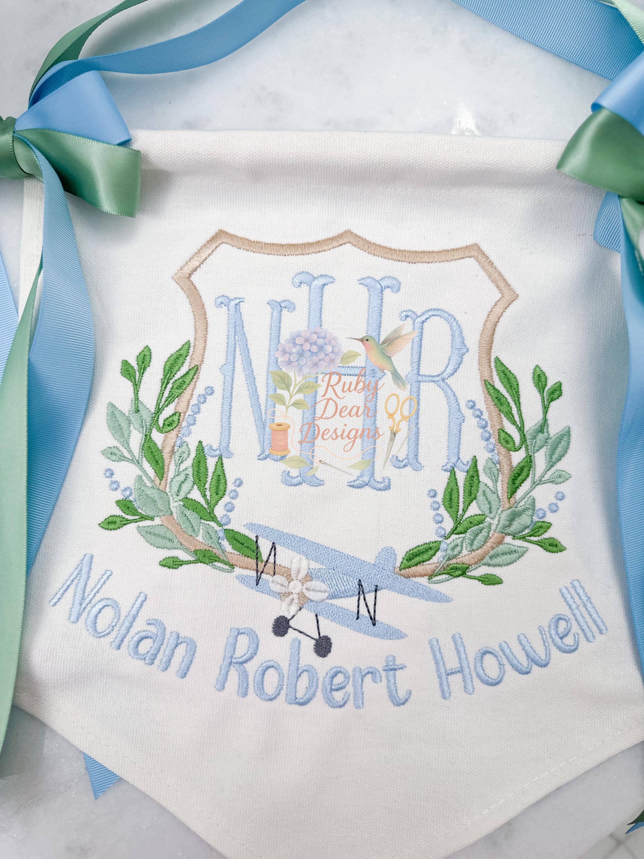 Airplane Greenery Crest Vintage Style Fill and Satin Stitch Machine Embroidery Design