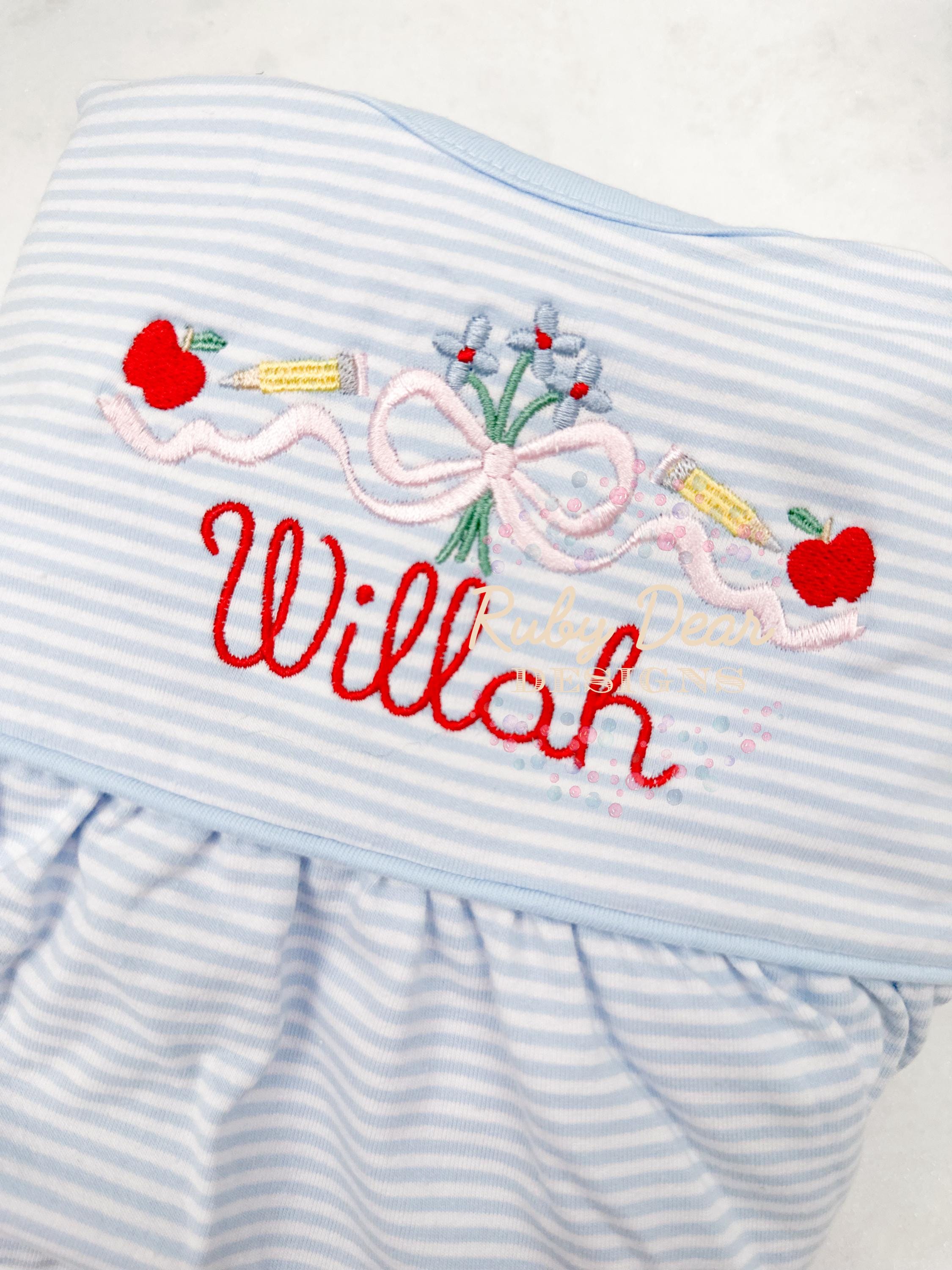 School Supply Bow with Florals Back To School Satin and Fill Stitch Machine Embroidery Design