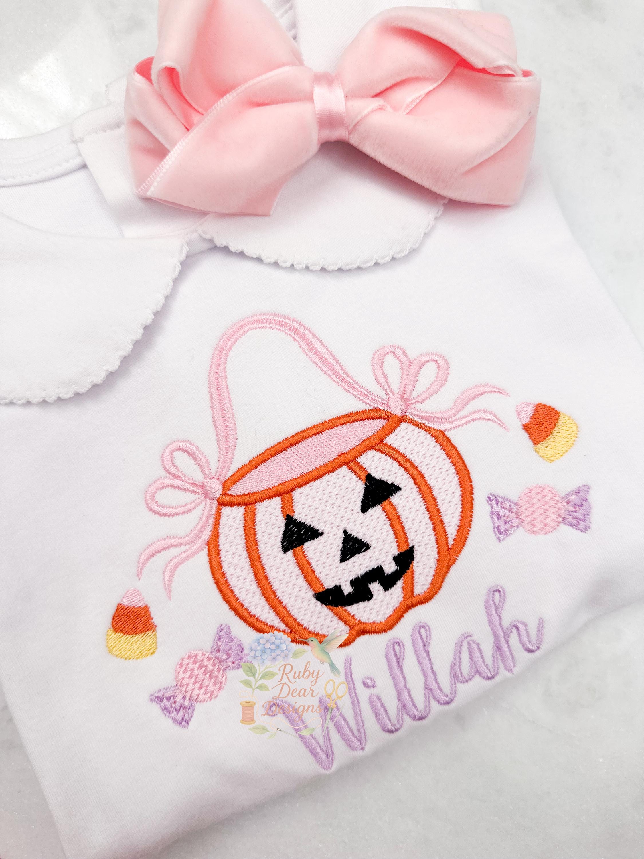 Jack O Lantern Ribbon and Bows Girl Sketch with Satin Stitch Machine Embroidery Design