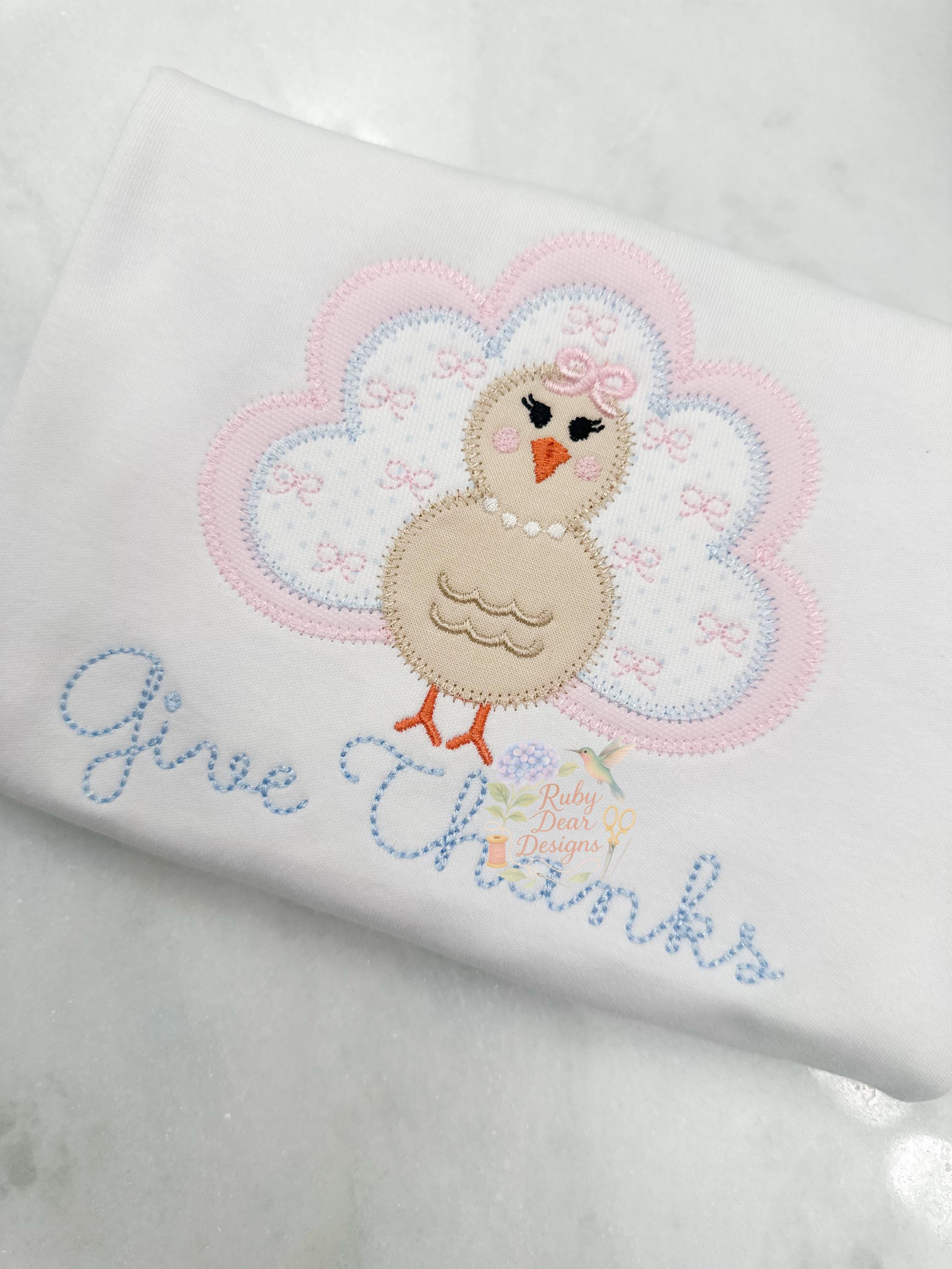 Turkey Girl with Pearls and Mini Bean Stitch Bows Zig Zag Appliqué Stitch Thanksgiving Fall Machine Embroidery Design