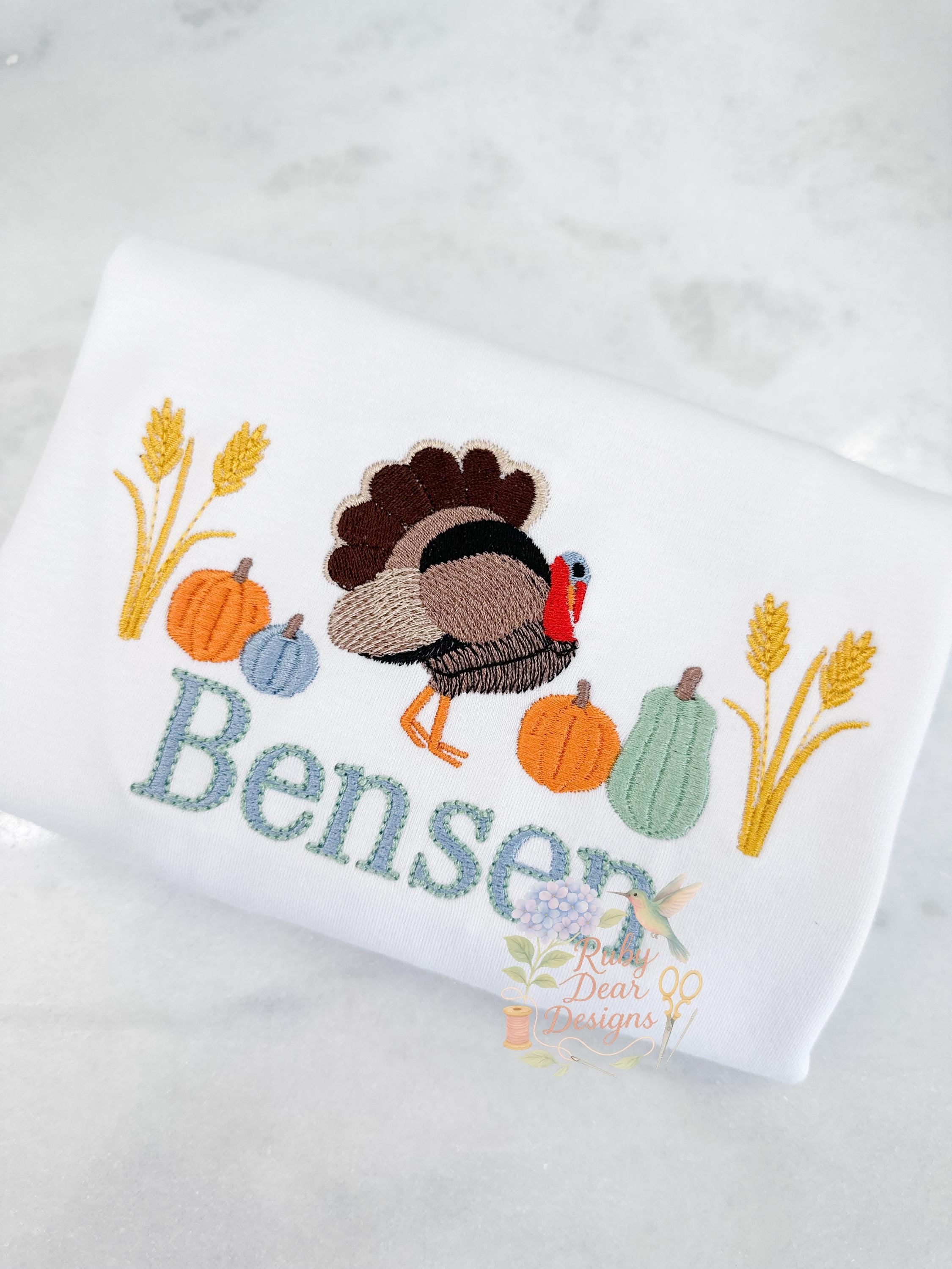 Turkey Wild Fall Thanksgiving with Wheat and Pumpkins Fill and Satin Stitch Machine Embroidery Design