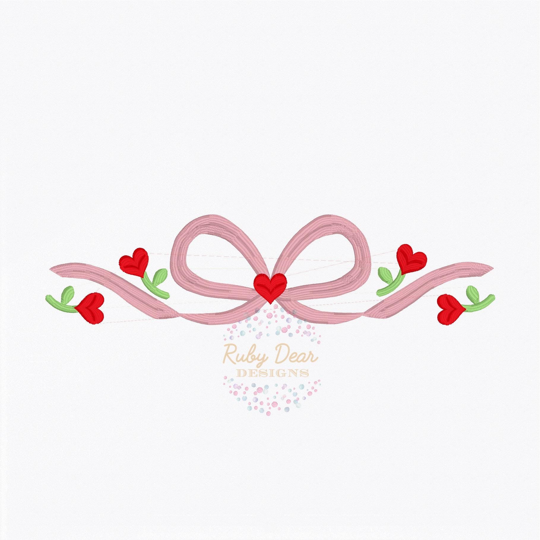 Valentine's Heart Floral Accent Bow Satin Stitch Machine Embroidery Design