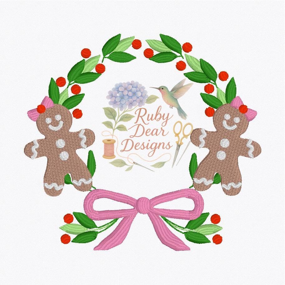 Gingerbread Girl Wreath Frame Satin and Fill Stitch Machine Embroidery Design