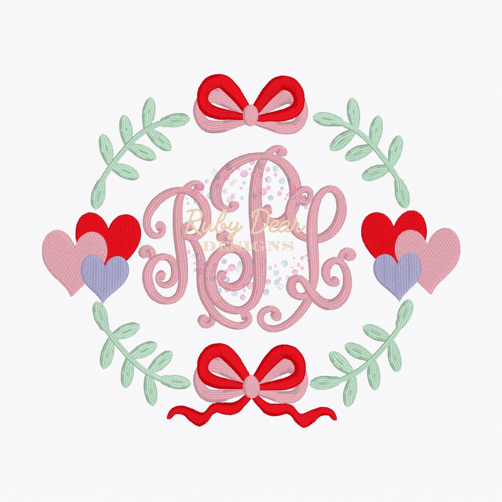 Heart Trio Laurel Monogram Frame Fill and Satin Stitch Machine Embroidery Design