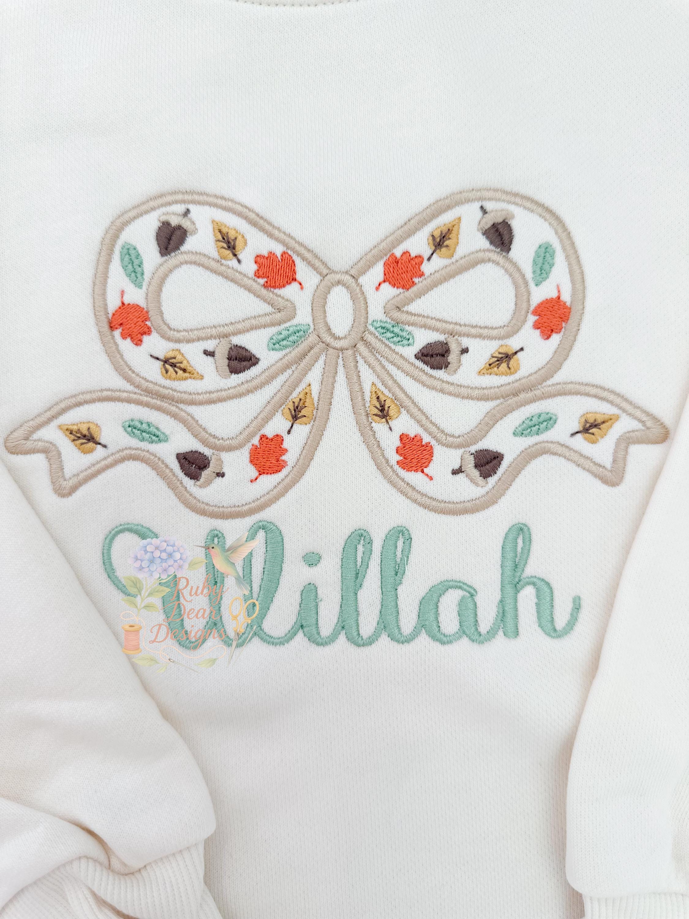 Fall Leaves and Acorns Bow Satin Outline Stitch Machine Embroidery Design