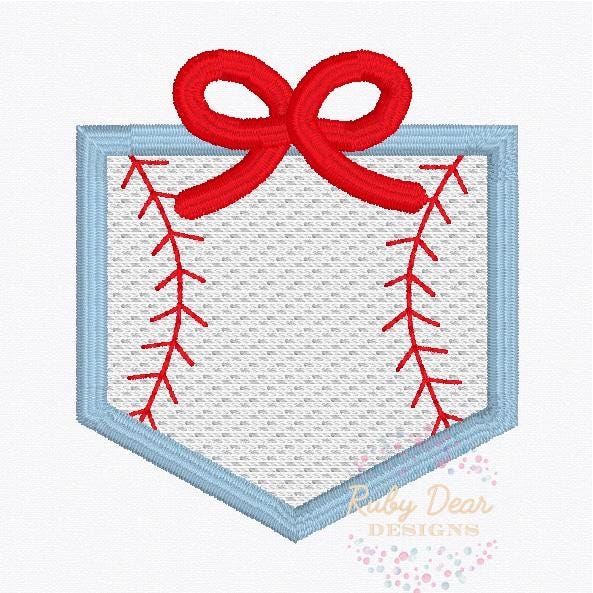 Baseball Home Plate Sketch with Satin Bow and Outline Machine Embroidery Design