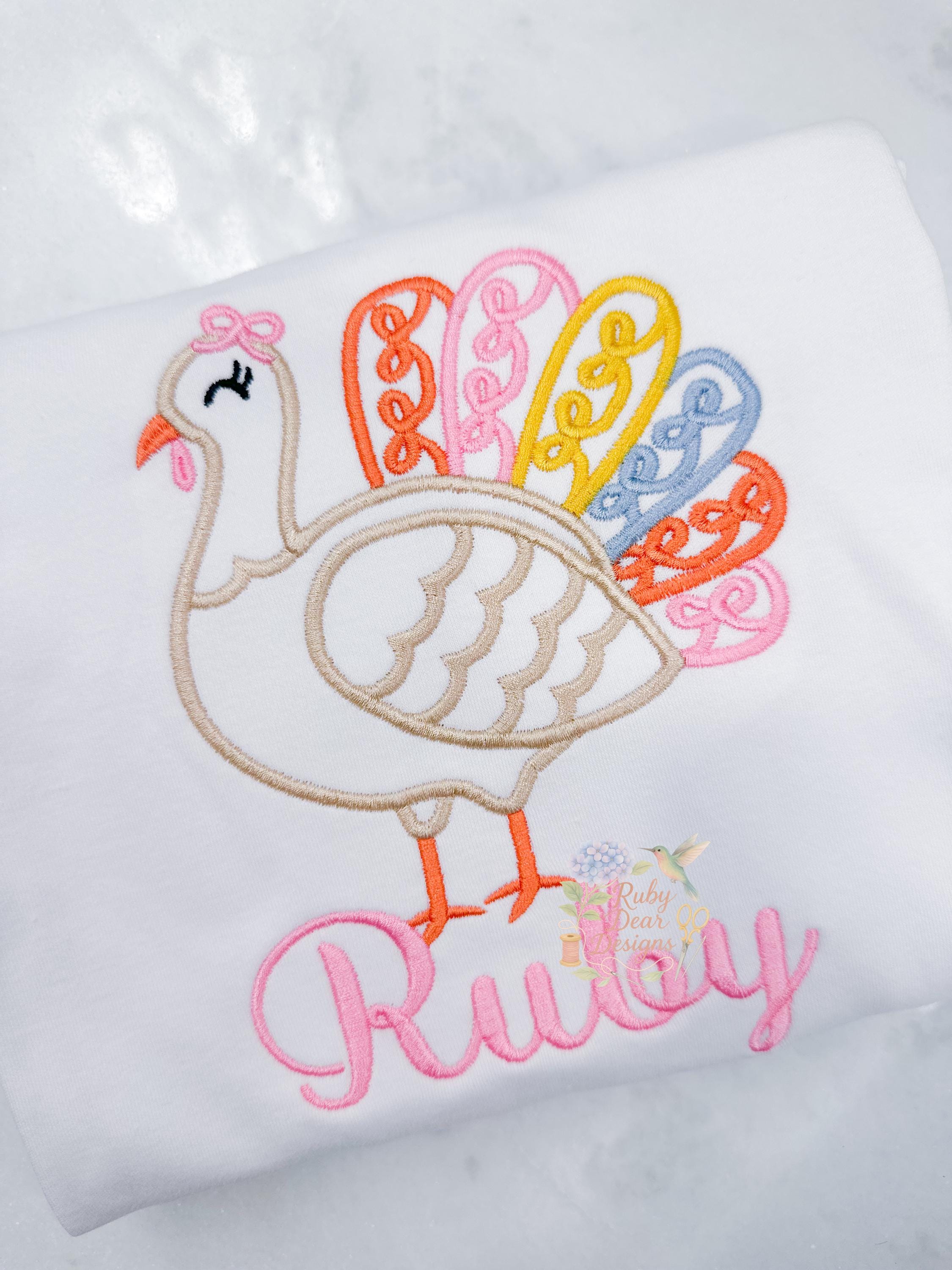 Turkey Girl with Bow Feathers Satin Outline Stitch Machine Embroidery Design