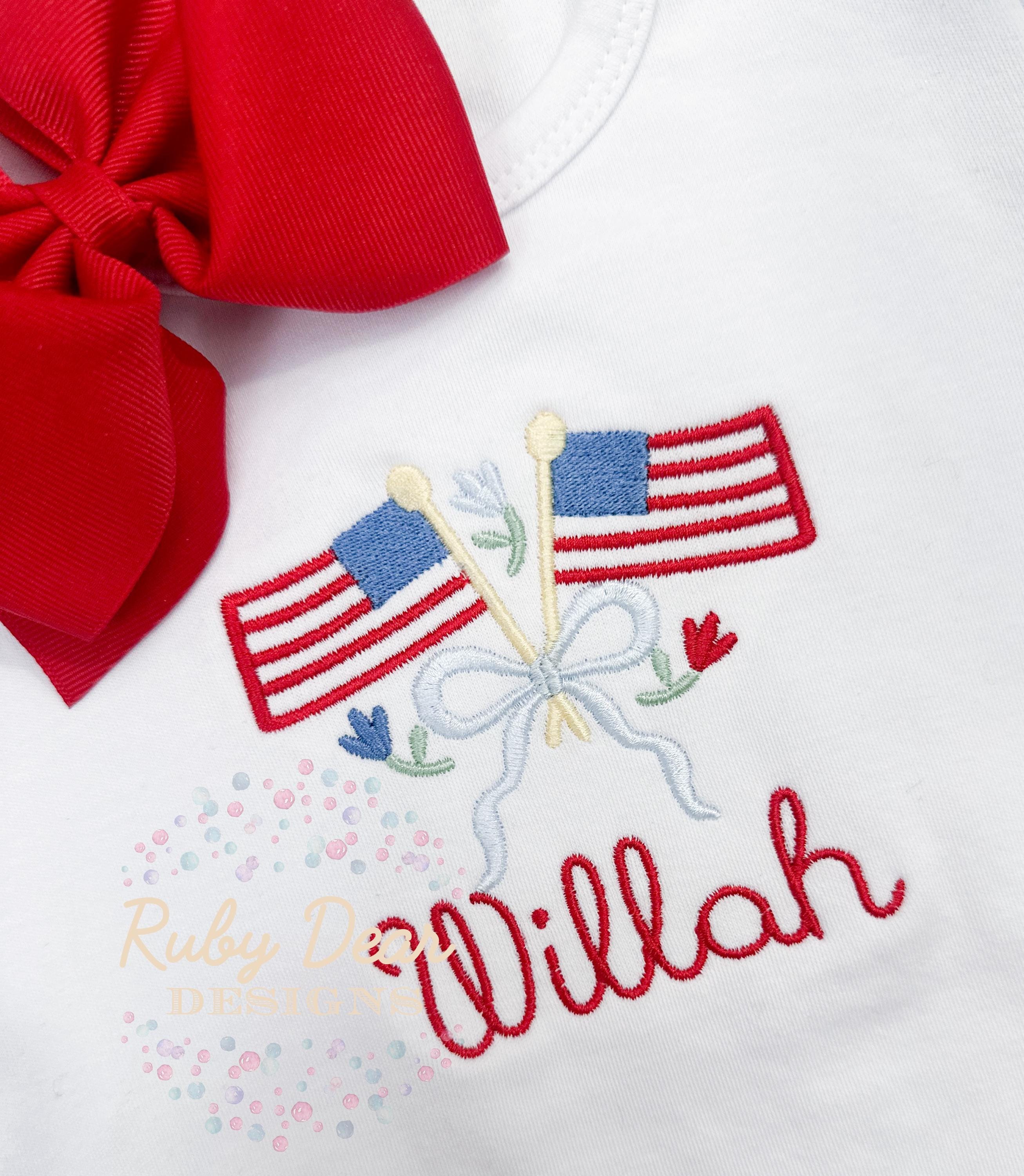 American Flag with Bows and Florals Satin and Fill Stitch Machine Embroidery Design