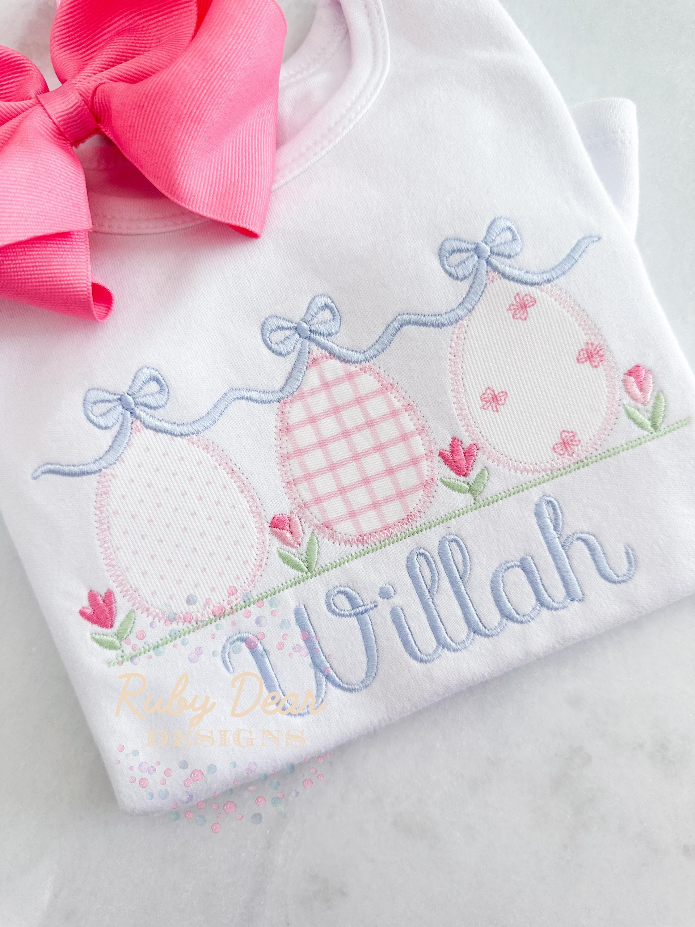 Easter Egg Trio and Elegant Bow Swag with Florals Zig Zag Appliqué Machine Embroidery Design