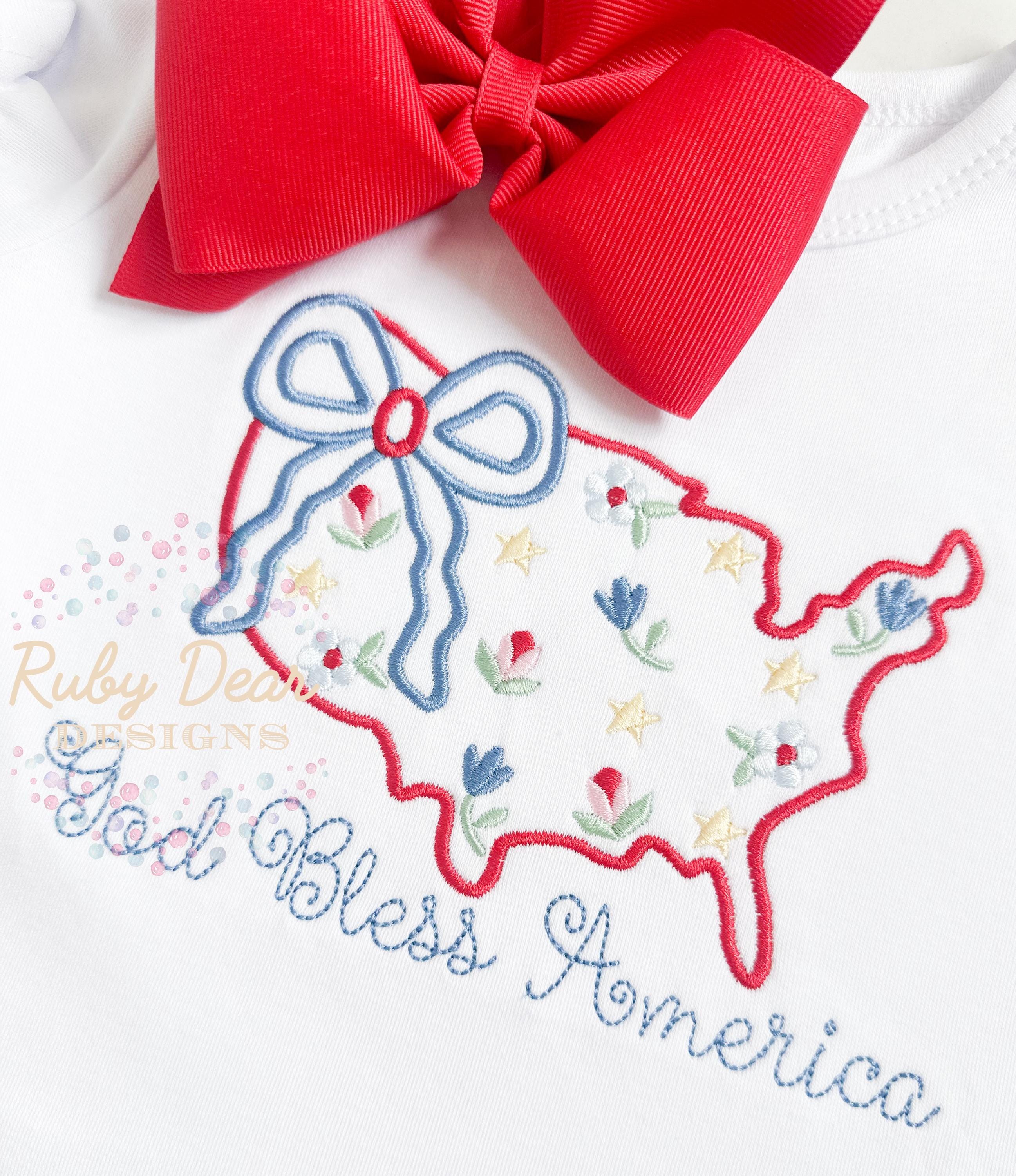America July 4th Patriotic Outline with Florals and Stars Satin Stitch Machine Embroidery Design