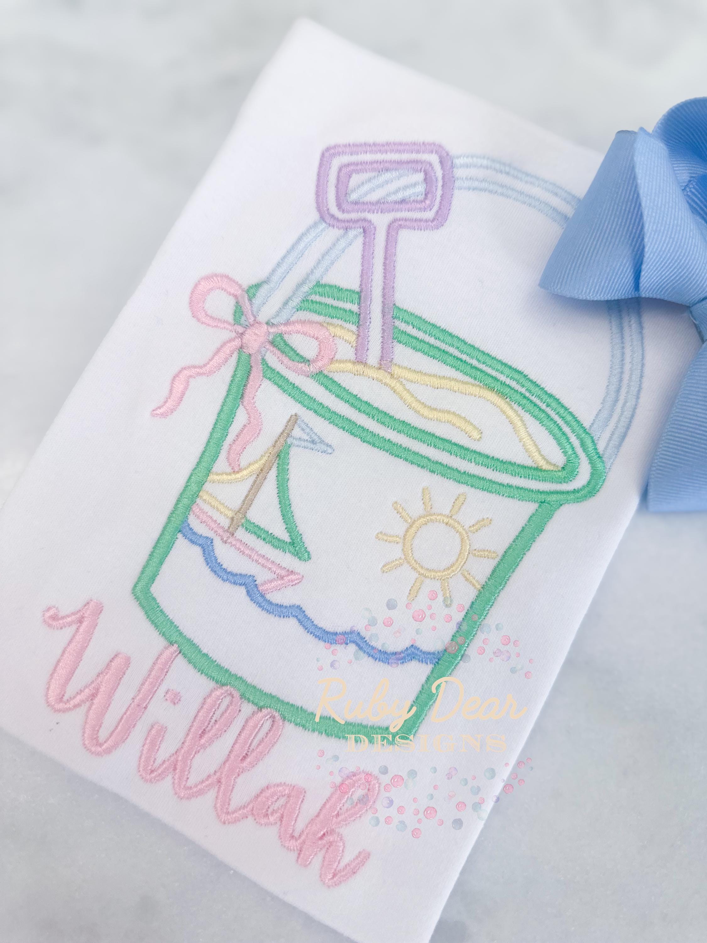 Beach Sand Bucket Girl Satin Outline Stitch Machine Embroidery Design