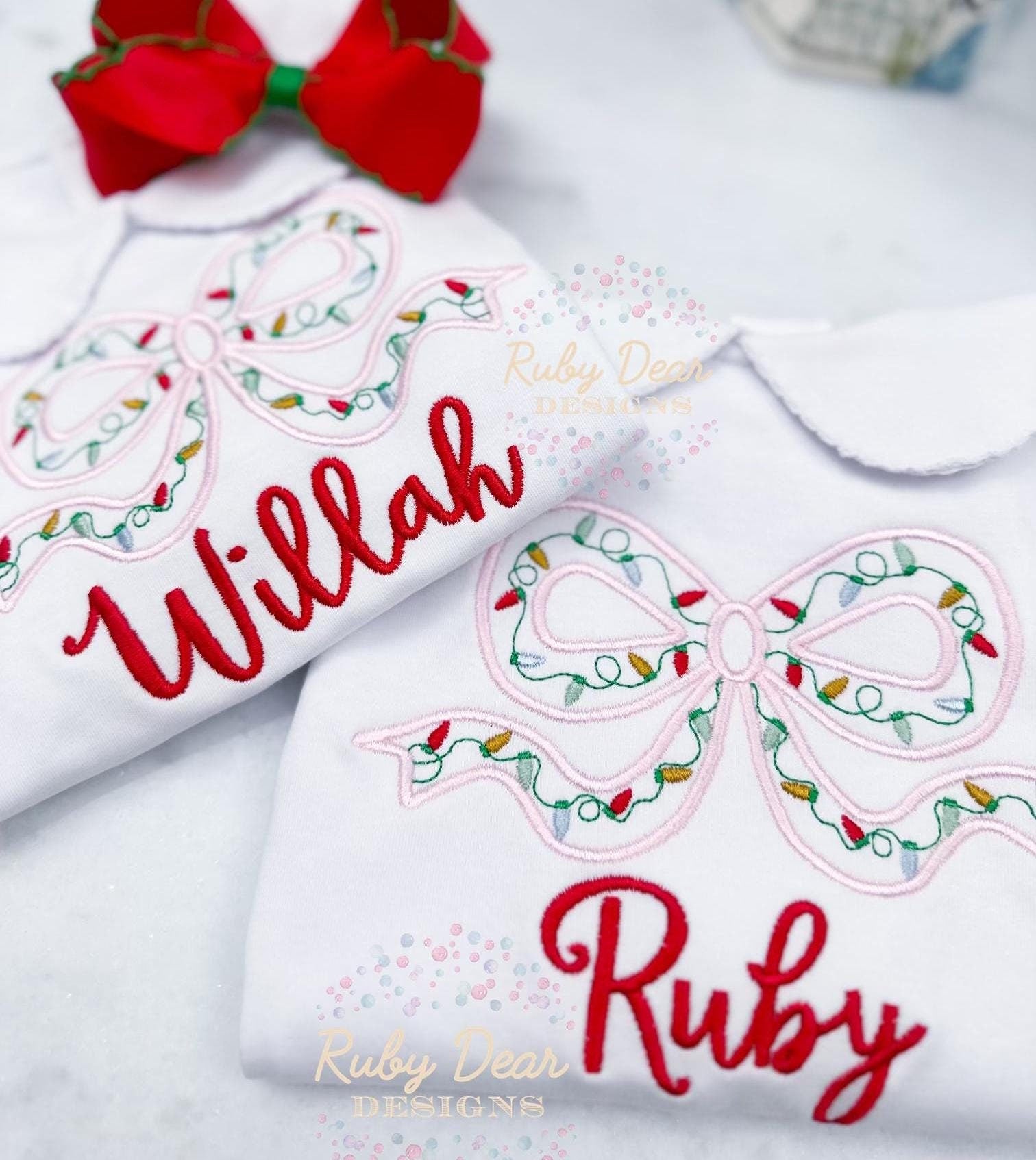 Christmas Lights Bow Satin Outline Machine Embroidery Design