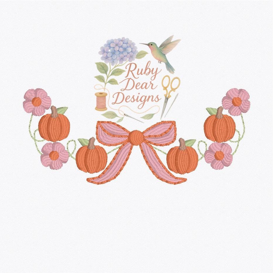 Pumpkin Vine and Florals Satin and Bean Stitch Machine Embroidery Design