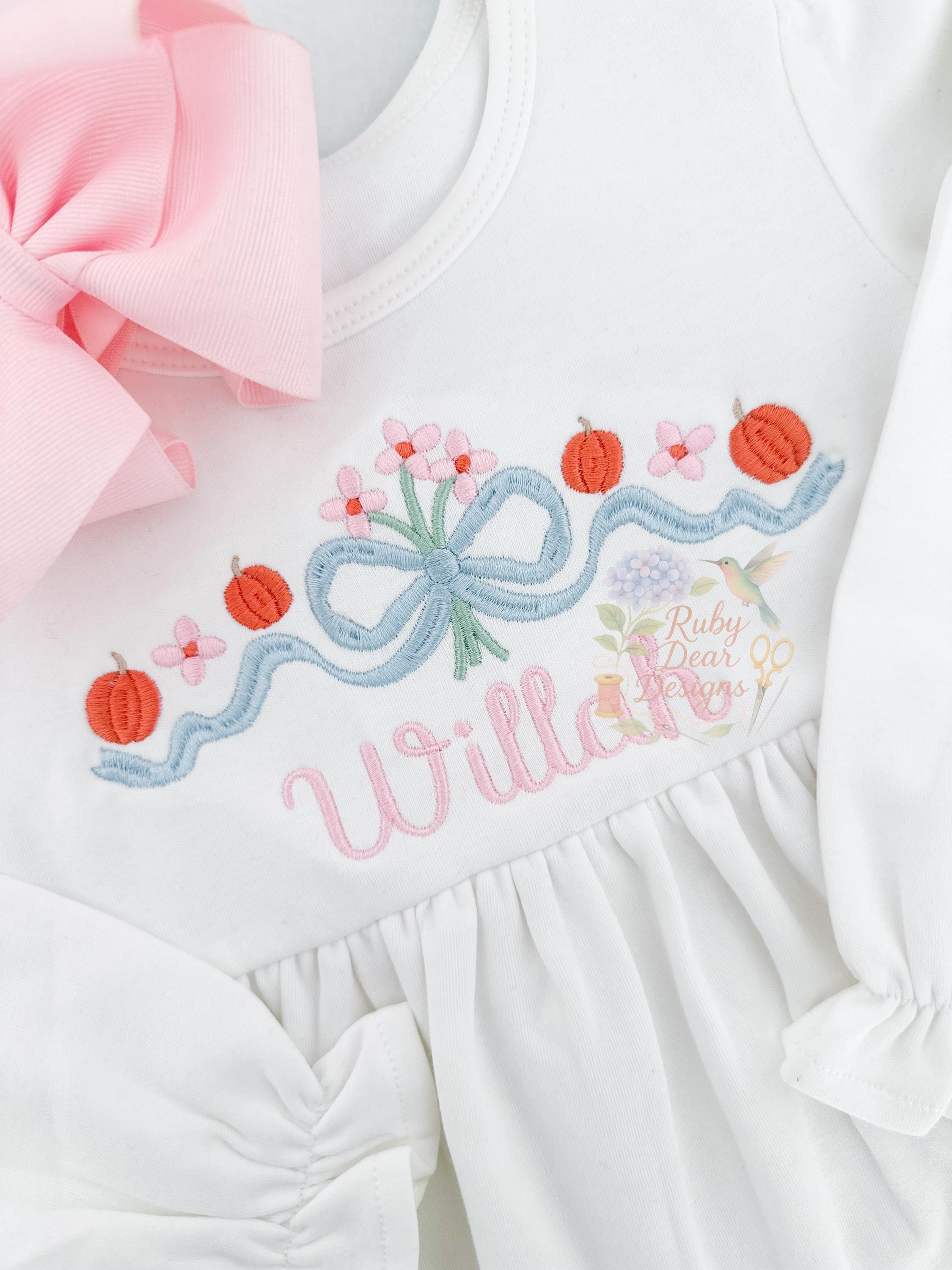 Fall Blooms Pumpkin Bow Satin Stitch Machine Embroidery Design