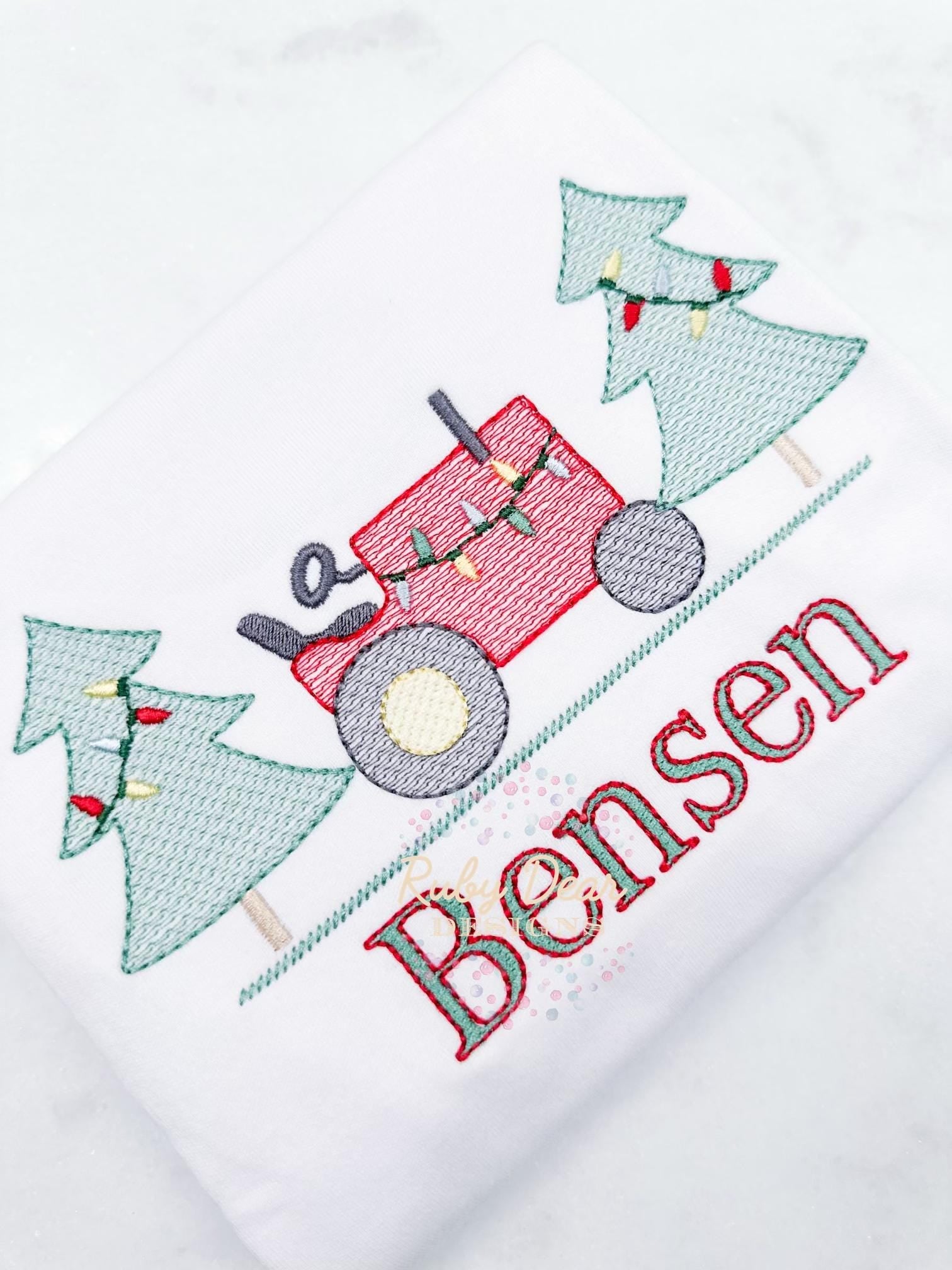 Christmas Tractor Tree Farm Sketch Machine Embroidery Design
