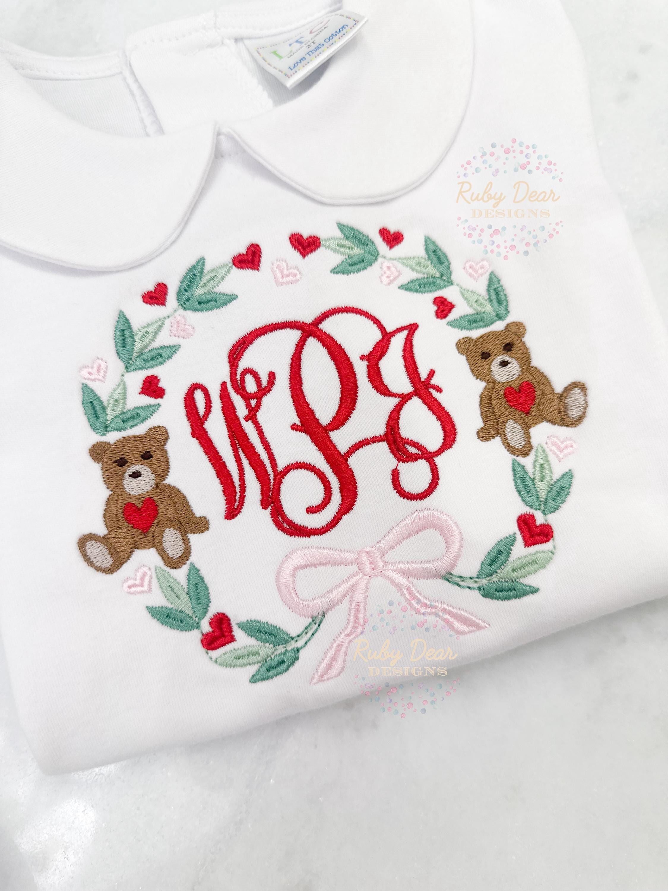 Valentine's Teddy Bear Monogram Frame Fill and Satin Stitch Machine Embroidery Design