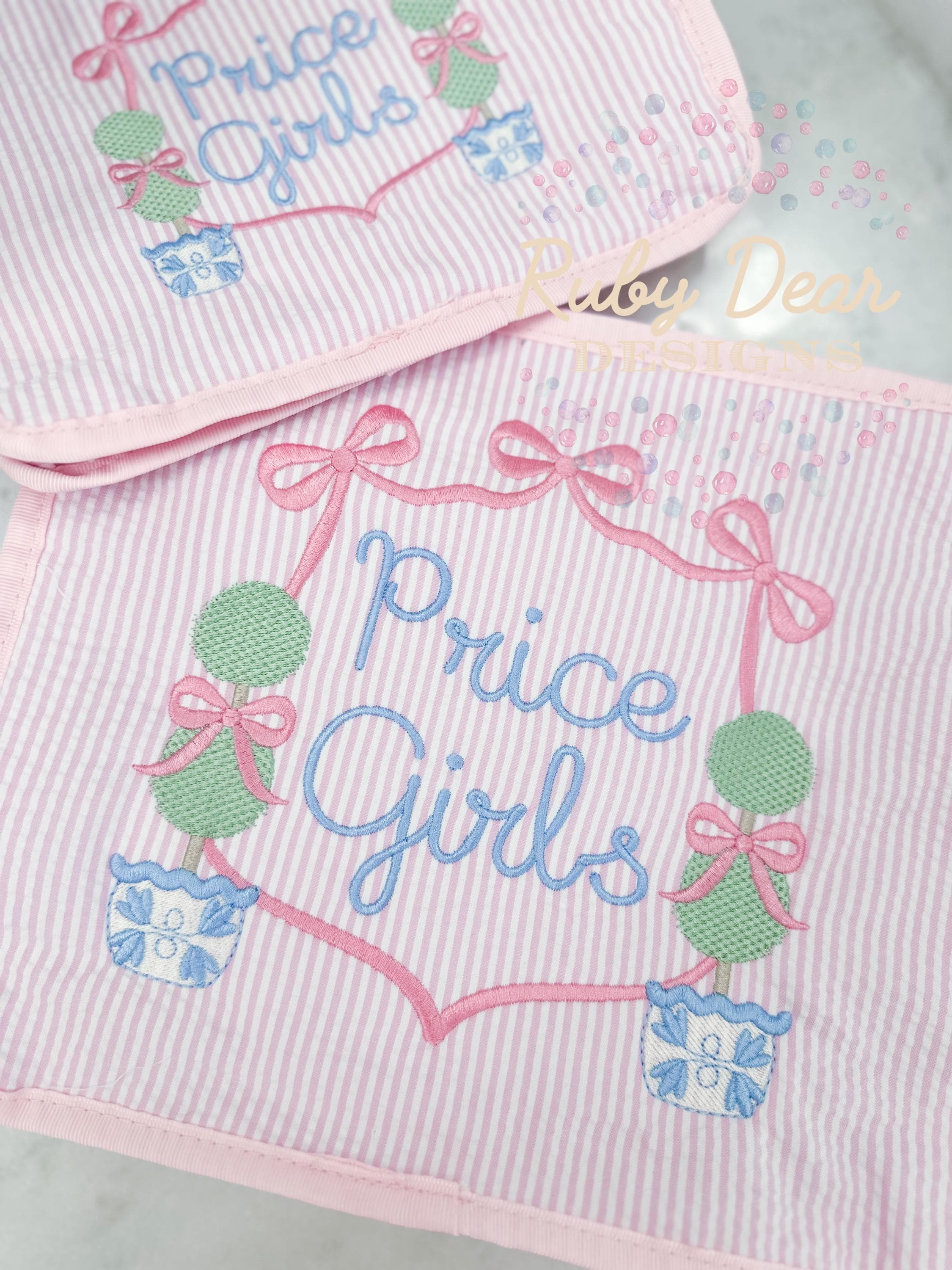 Bows and Chinoiserie Topiaries Classic Southern Grandmillineal Satin and Oil Stitch Machine Embroidery Design