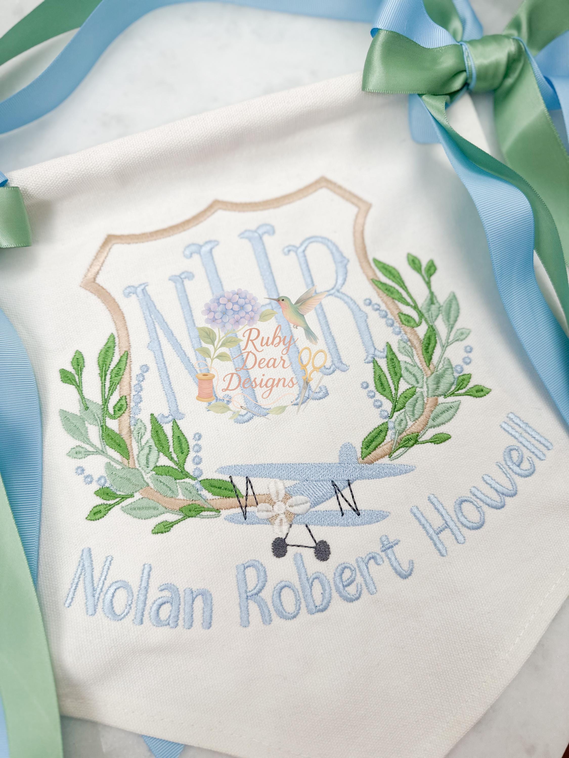 Airplane Greenery Crest Vintage Style Fill and Satin Stitch Machine Embroidery Design