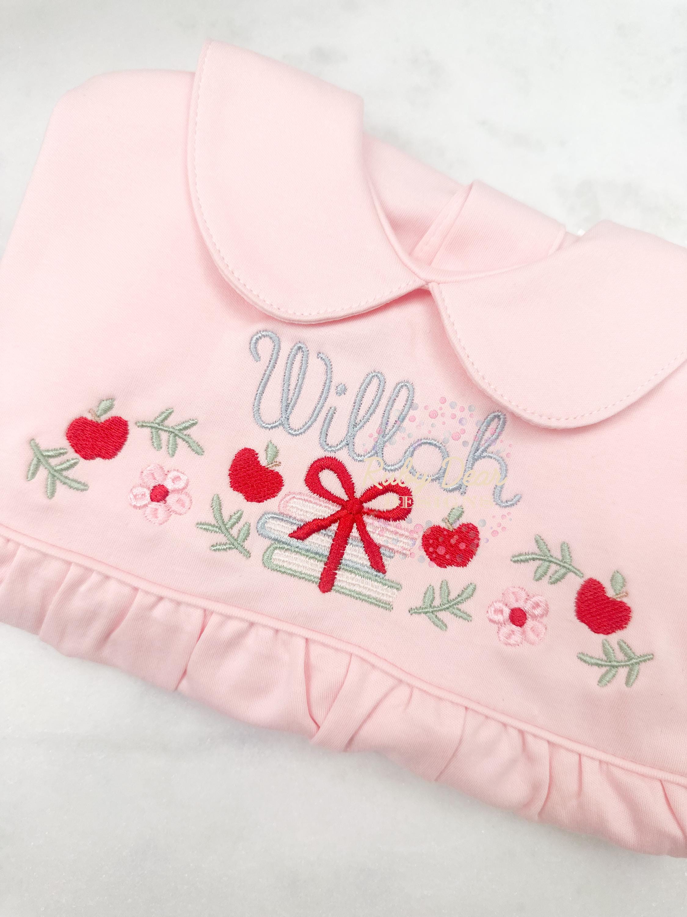 Back To School Book Stack Girl Florals and Apples Row Satin and Fill Stitch Machine Embroidery Design