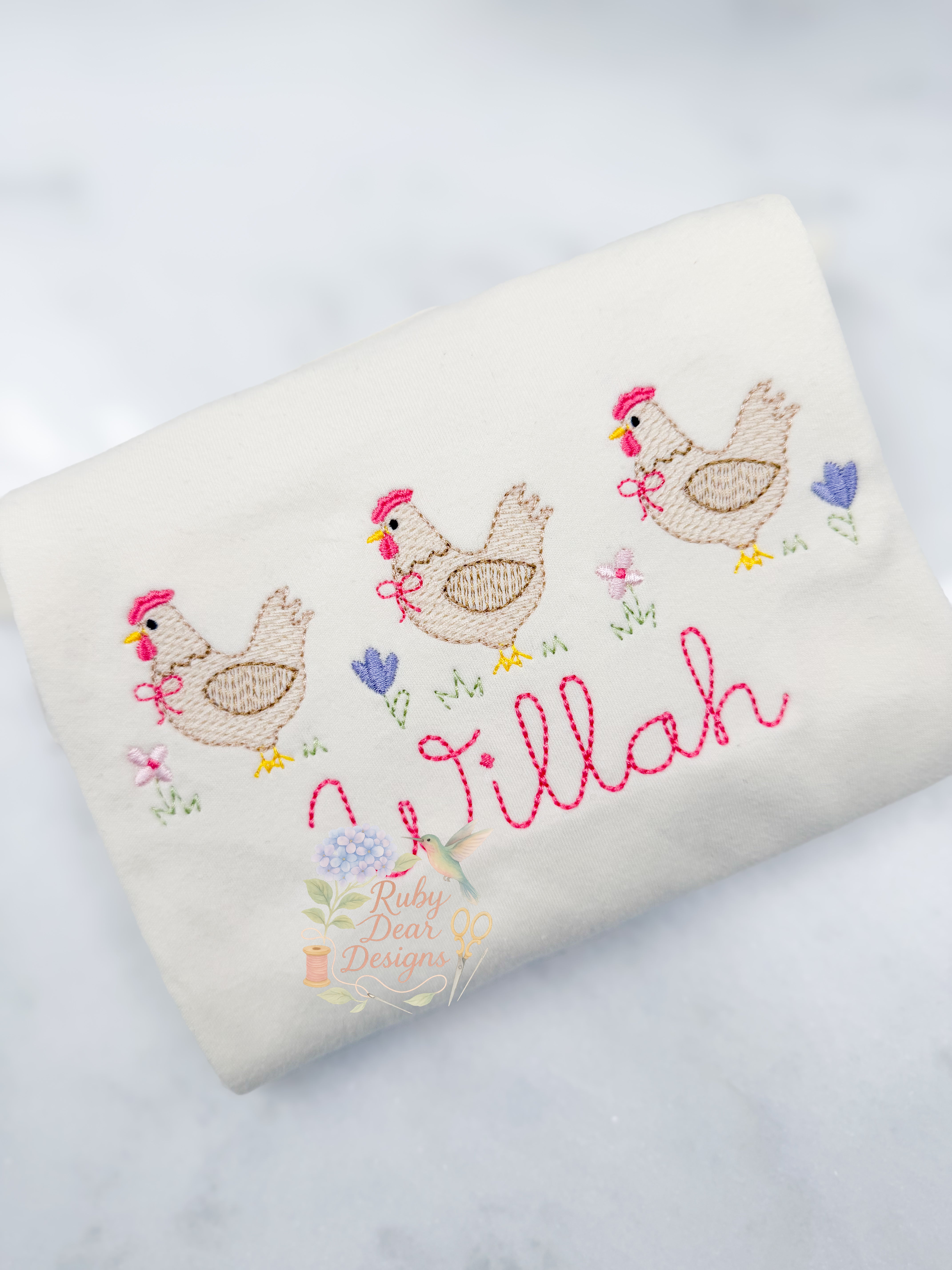 Chicken Hen Farm Trio Sketch Satin Florals Stitch Machine Embroidery Design