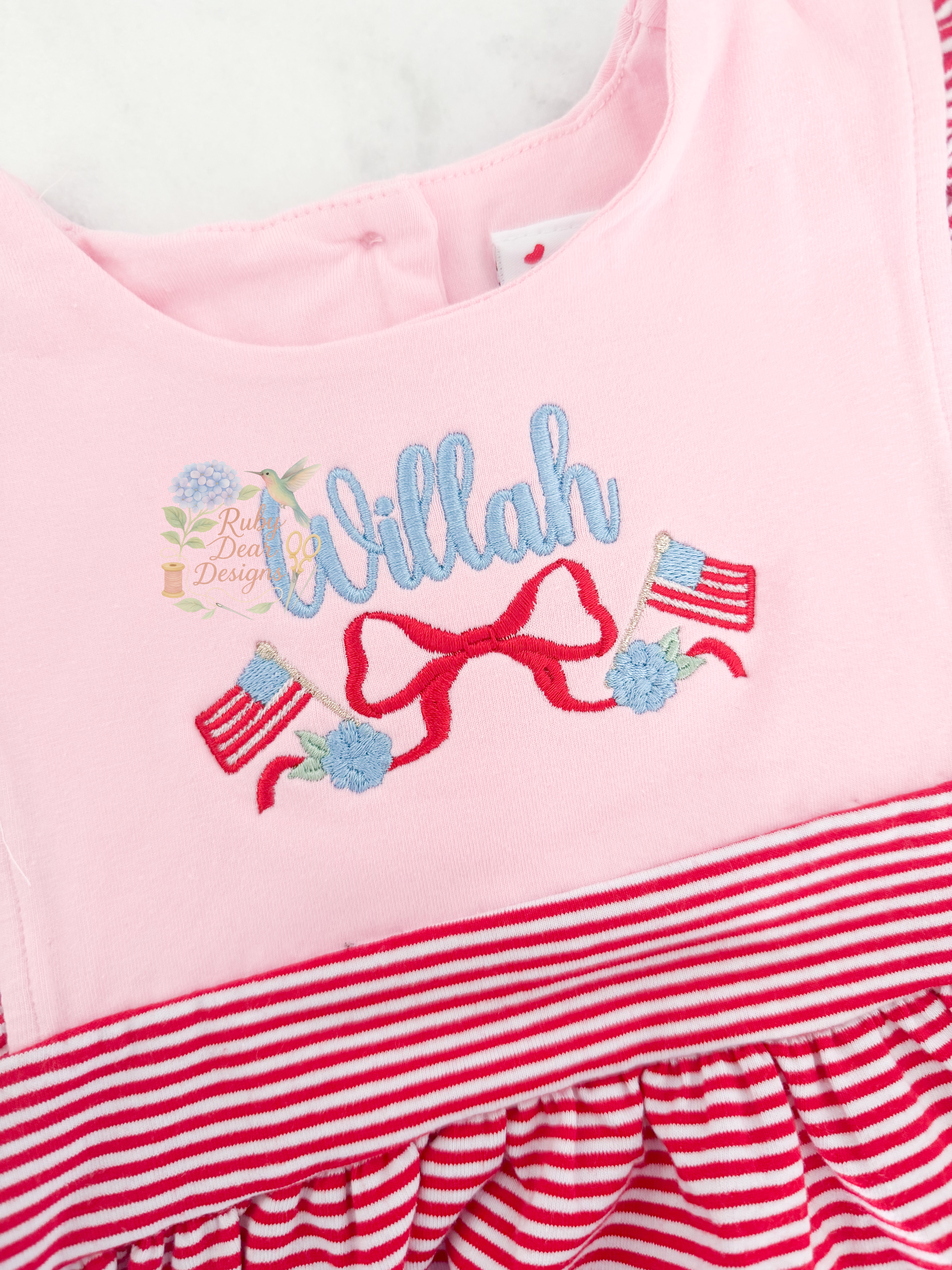 Patriotic Hydrangea Floral Bow Satin Stitch Machine Embroidery Design