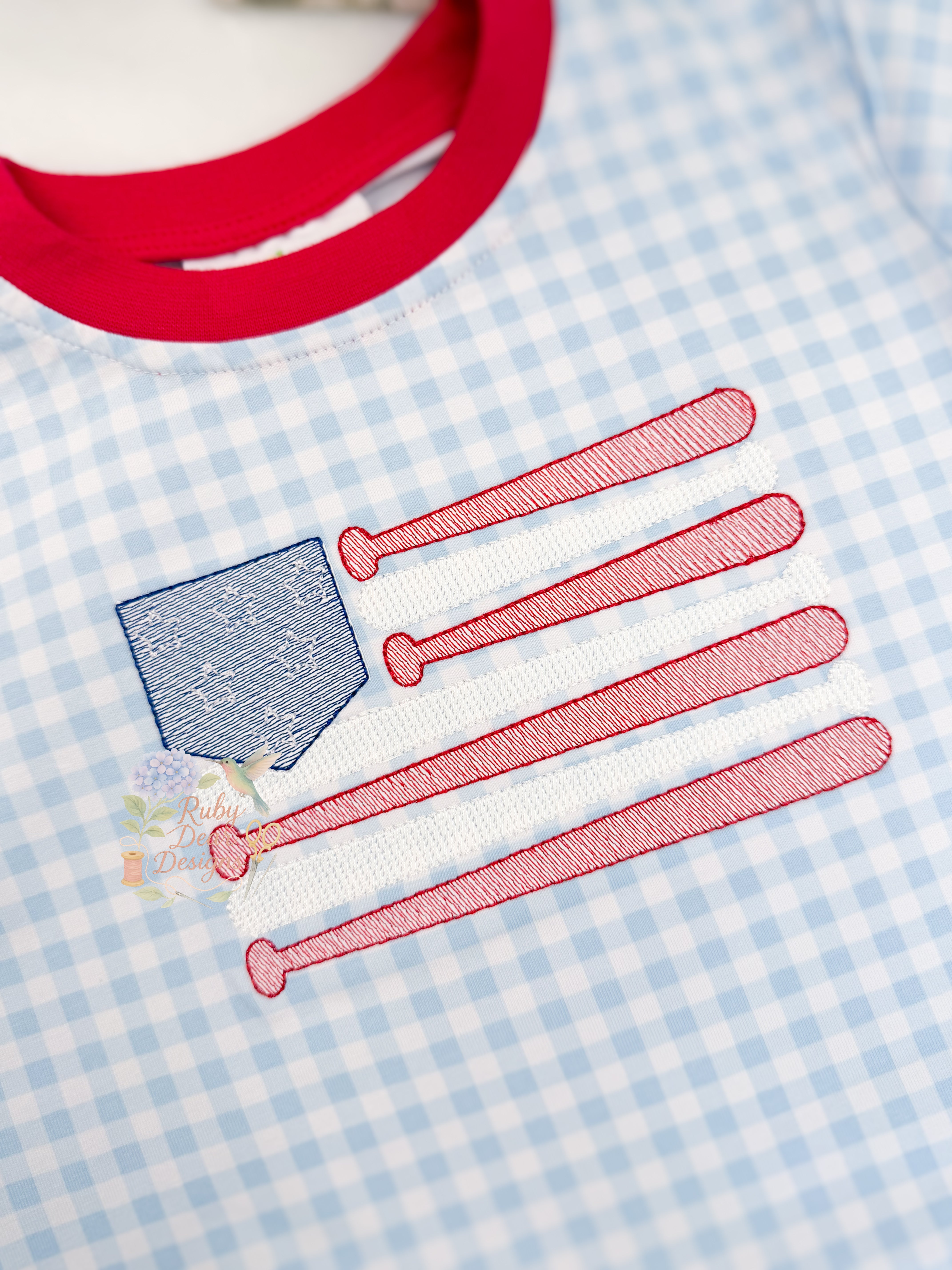Baseball American Flag Sketch Stitch Machine Embroidery Design