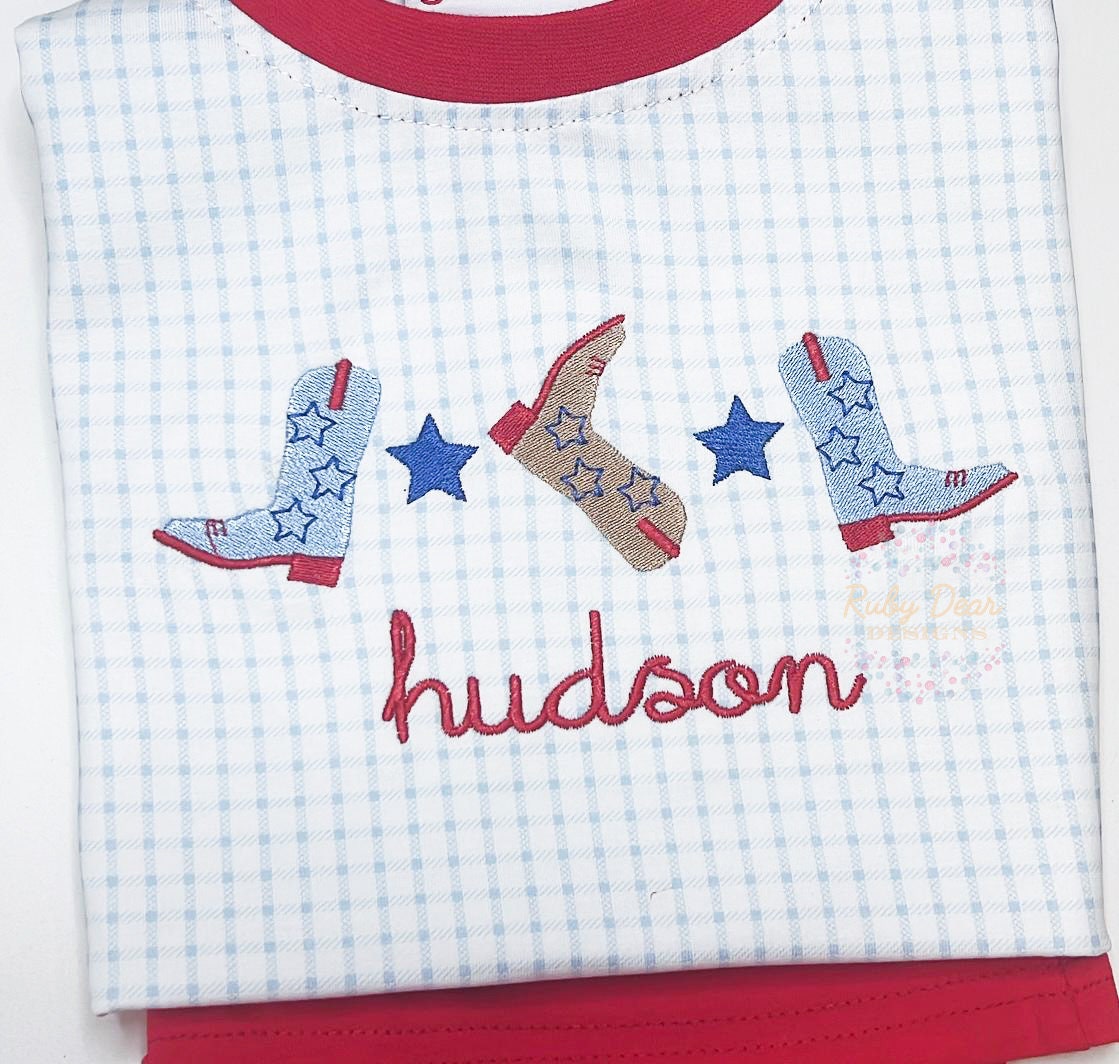 Patriotic Cowboy Boots and Stars Row Fill and Satin Stitch Machine Embroidery Design