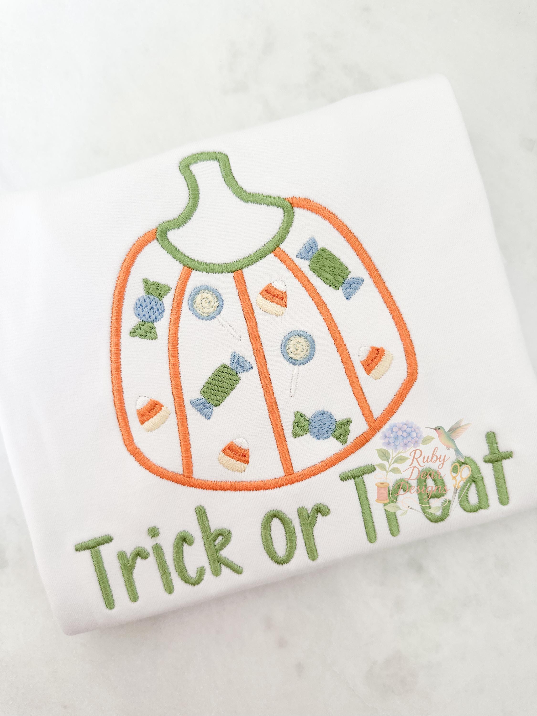 Halloween Pumpkin with Mini Candy Trick or Treat Satin Stitch Machine Embroidery Design