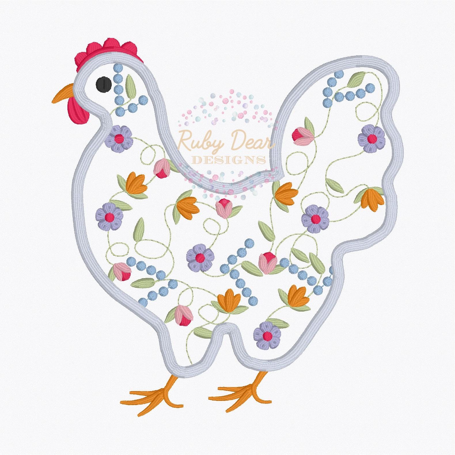 Hen Floral Satin Outline Stitch Machine Embroidery Design