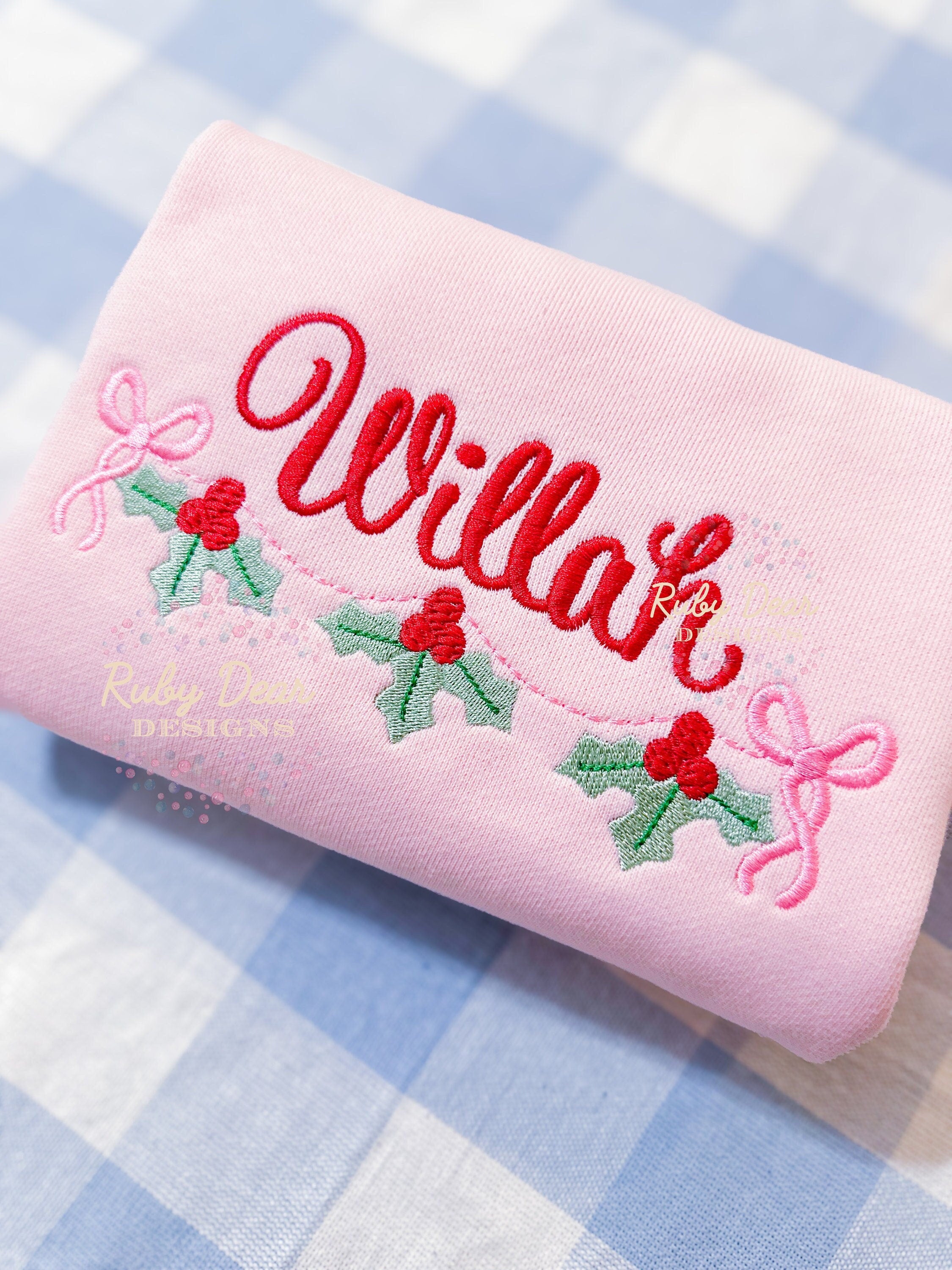 Holly Berry Bow Swag Satin and Fill Stitch Machine Embroidery Design